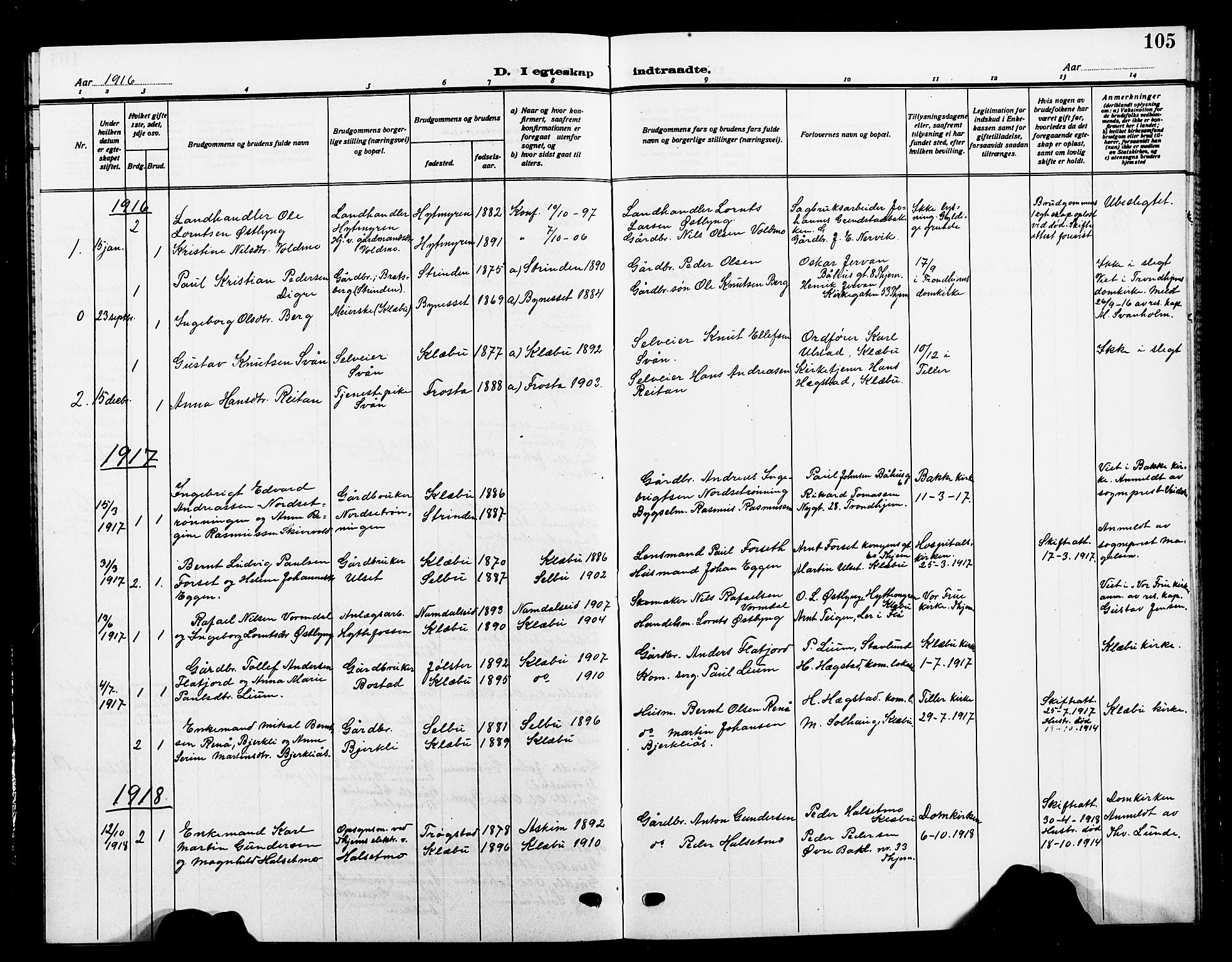 Ministerialprotokoller, klokkerbøker og fødselsregistre - Sør-Trøndelag, SAT/A-1456/618/L0453: Parish register (copy) no. 618C04, 1907-1925, p. 105