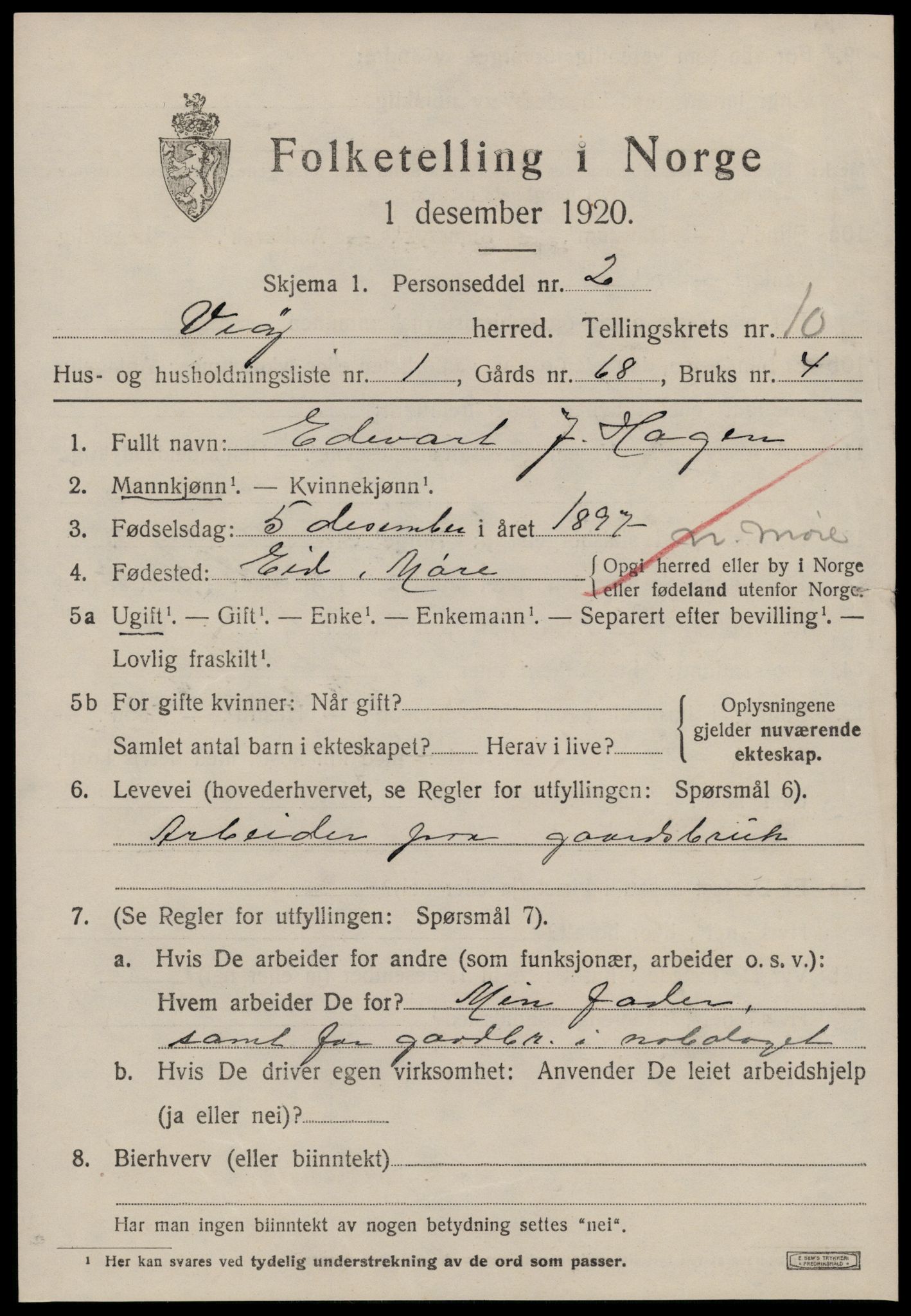 SAT, 1920 census for Veøy, 1920, p. 4715