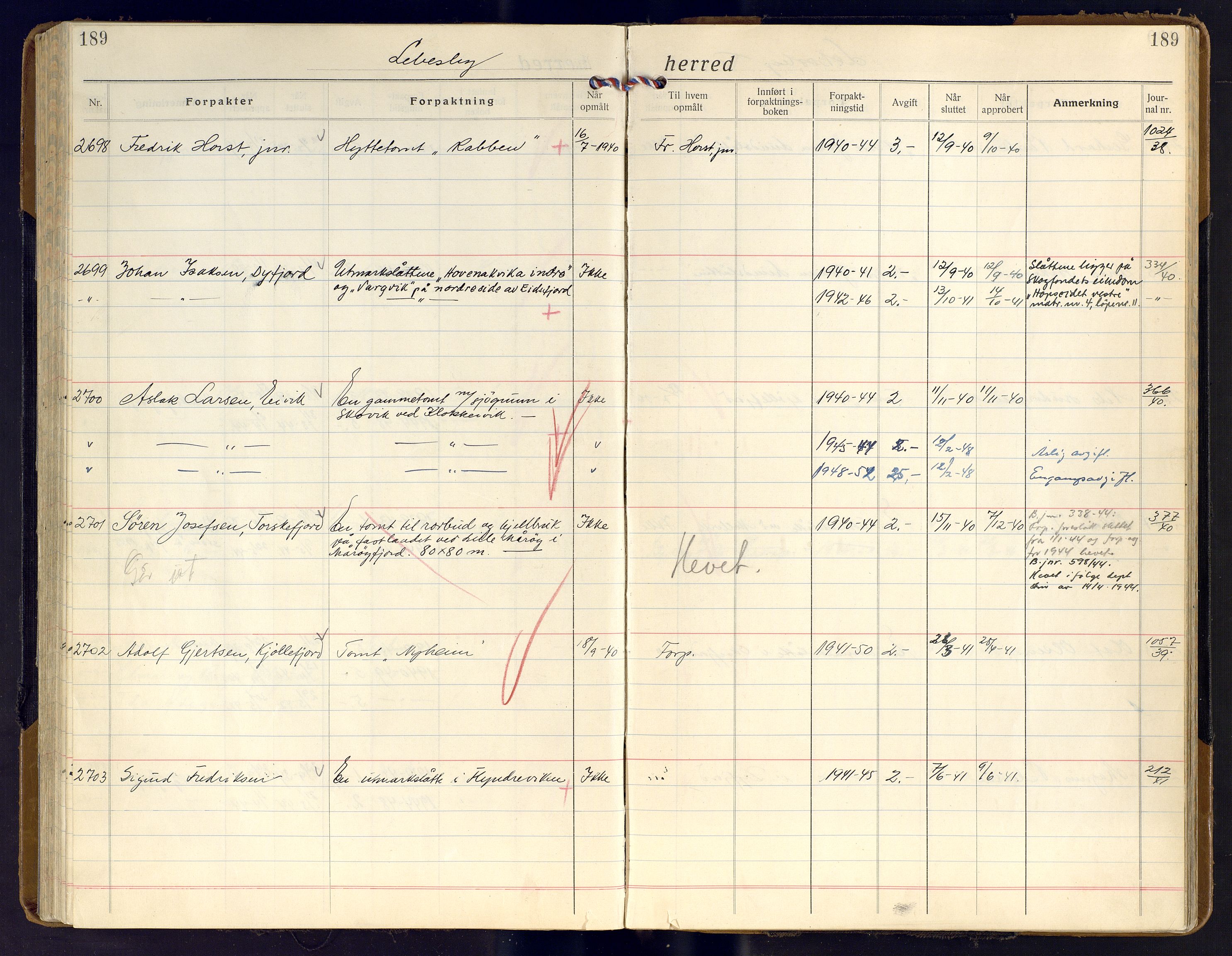 Finnmark jordsalgskommisjon/jordsalgskontor og Statskog SF Finnmark jordsalgskontor, AV/SATØ-S-1443/J/Ja/L0011: Forpaktningsbok for Finnmark II, 1921-1948, p. 189