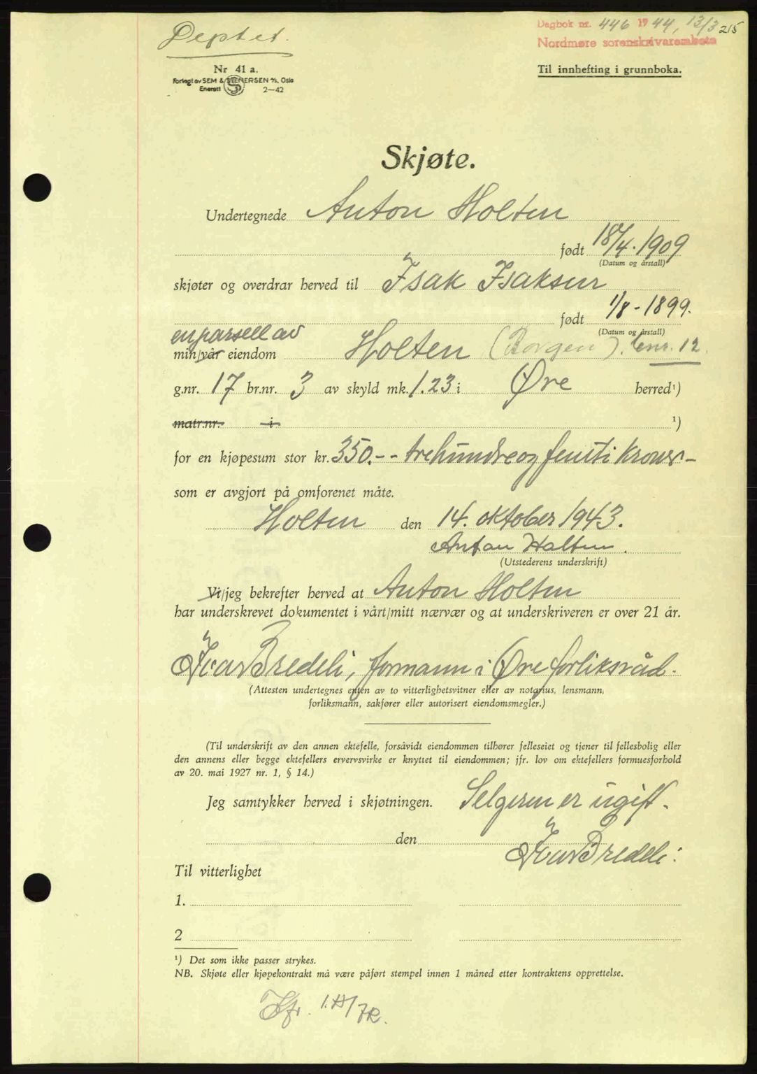 Nordmøre sorenskriveri, AV/SAT-A-4132/1/2/2Ca: Mortgage book no. A97, 1944-1944, Diary no: : 446/1944