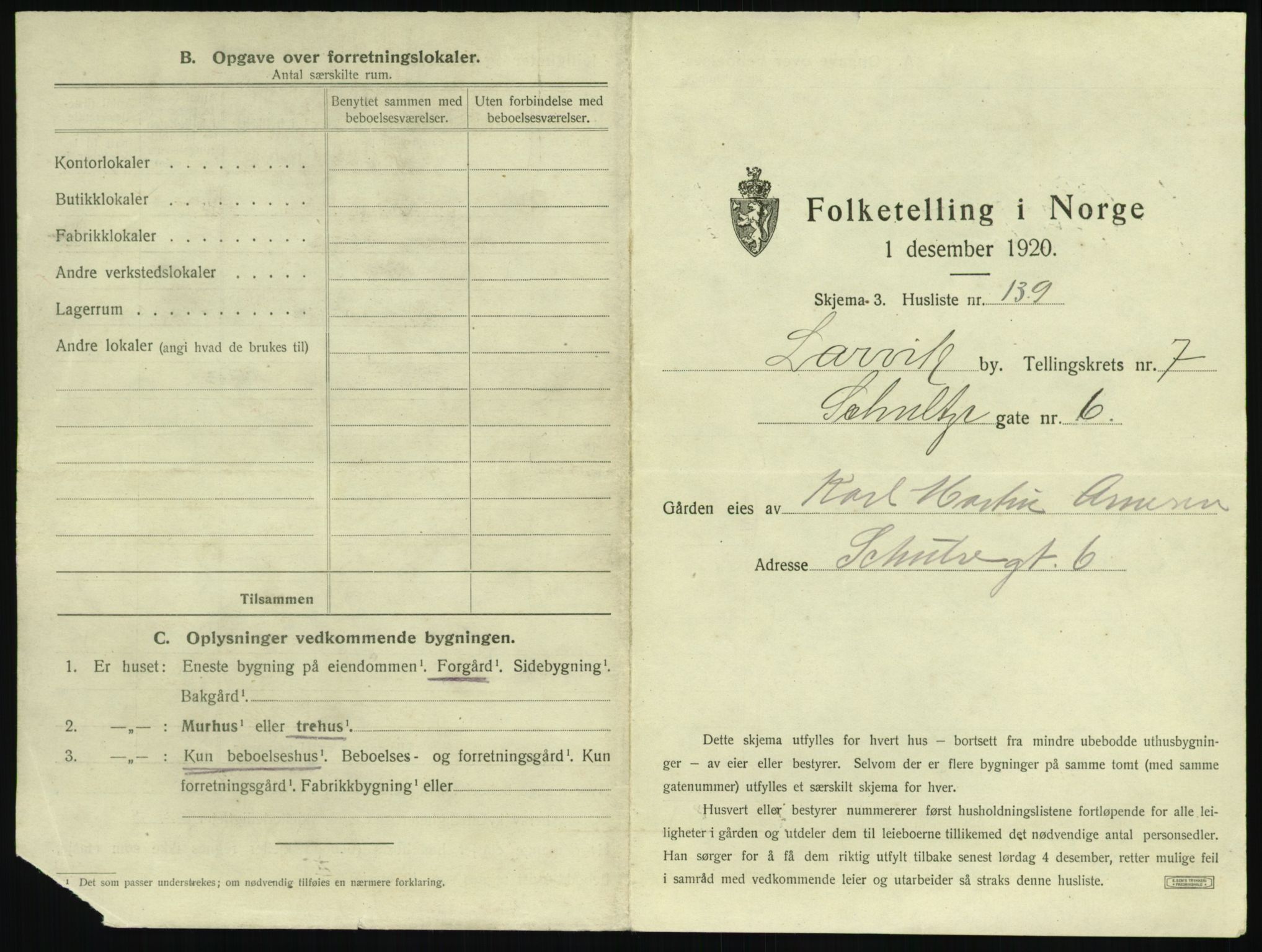 SAKO, 1920 census for Larvik, 1920, p. 1910