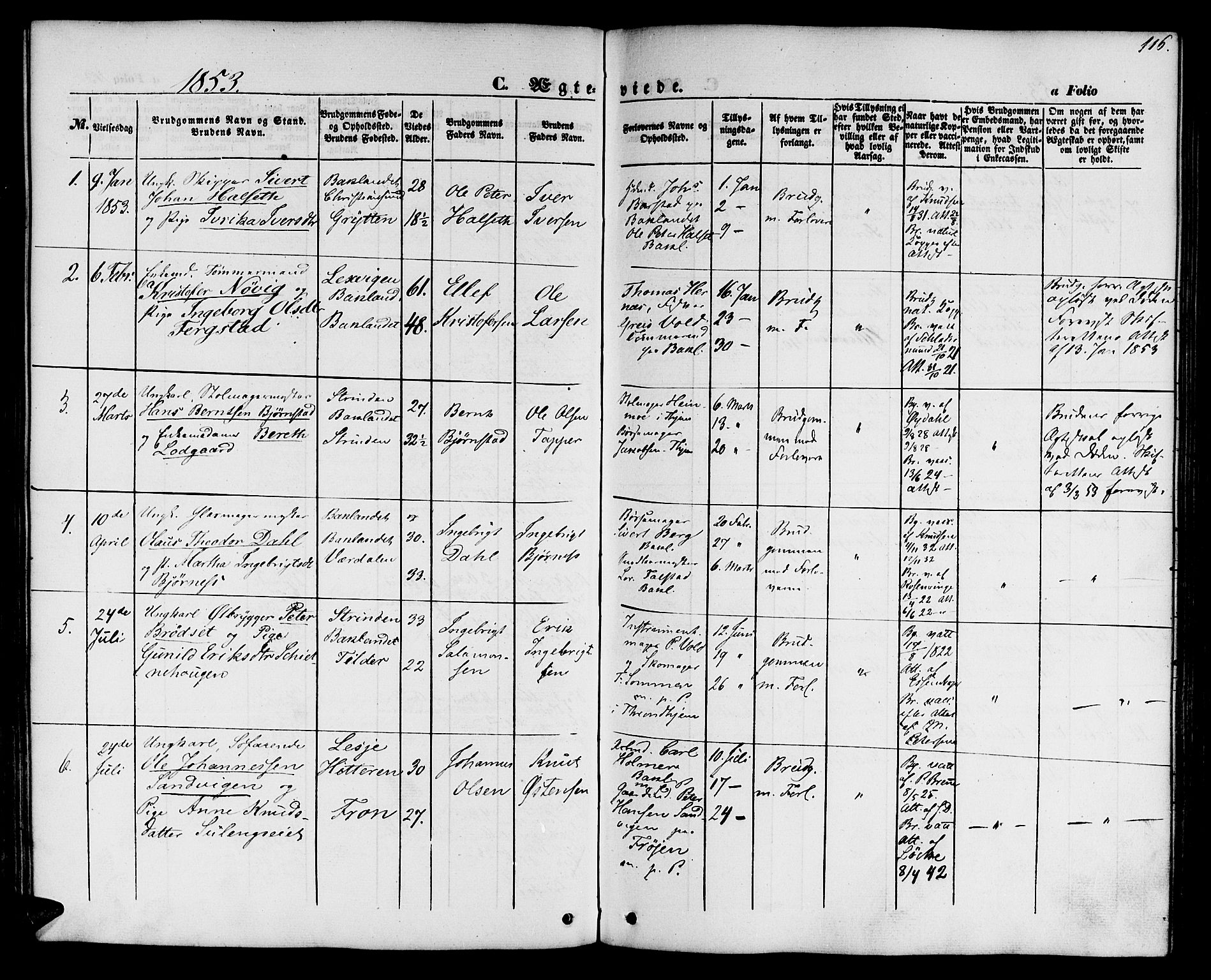 Ministerialprotokoller, klokkerbøker og fødselsregistre - Sør-Trøndelag, SAT/A-1456/604/L0184: Parish register (official) no. 604A05, 1851-1860, p. 116