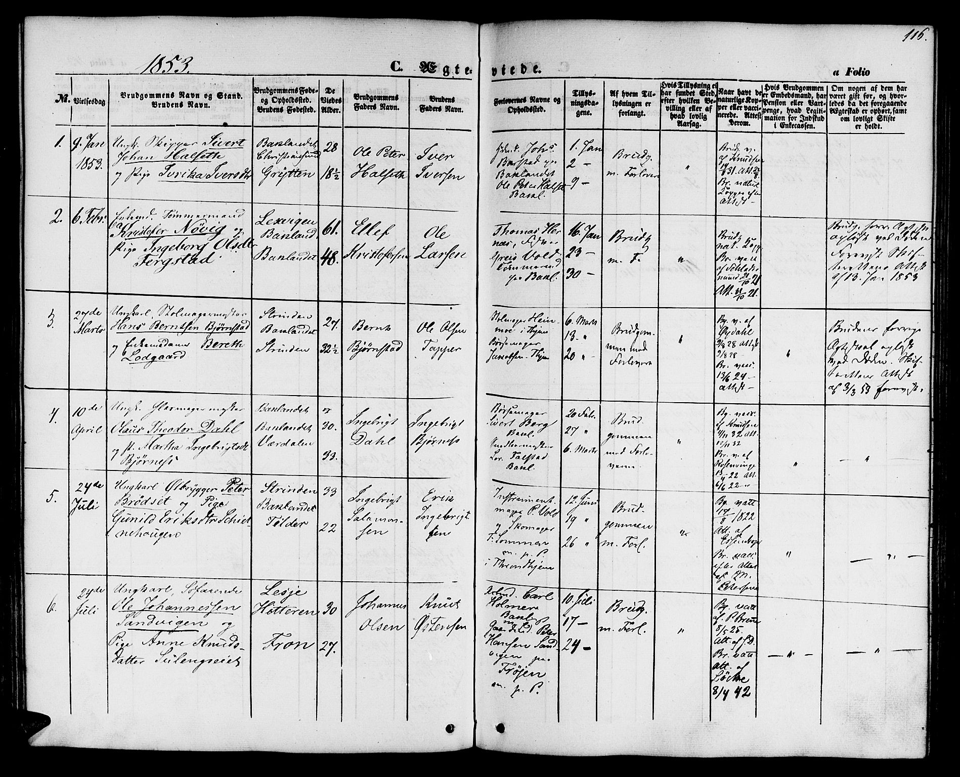 Ministerialprotokoller, klokkerbøker og fødselsregistre - Sør-Trøndelag, AV/SAT-A-1456/604/L0184: Parish register (official) no. 604A05, 1851-1860, p. 116