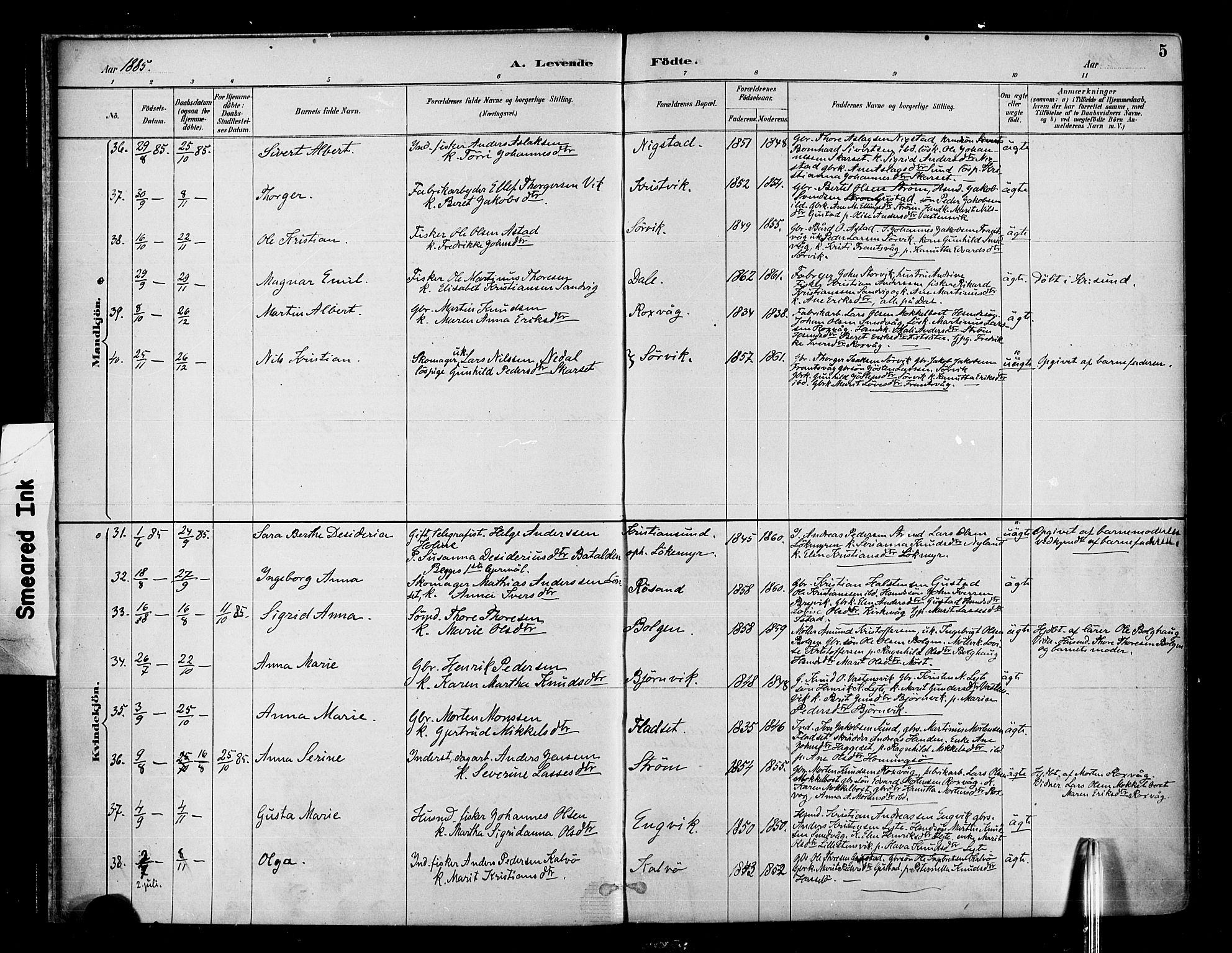 Ministerialprotokoller, klokkerbøker og fødselsregistre - Møre og Romsdal, AV/SAT-A-1454/569/L0819: Parish register (official) no. 569A05, 1885-1899, p. 5