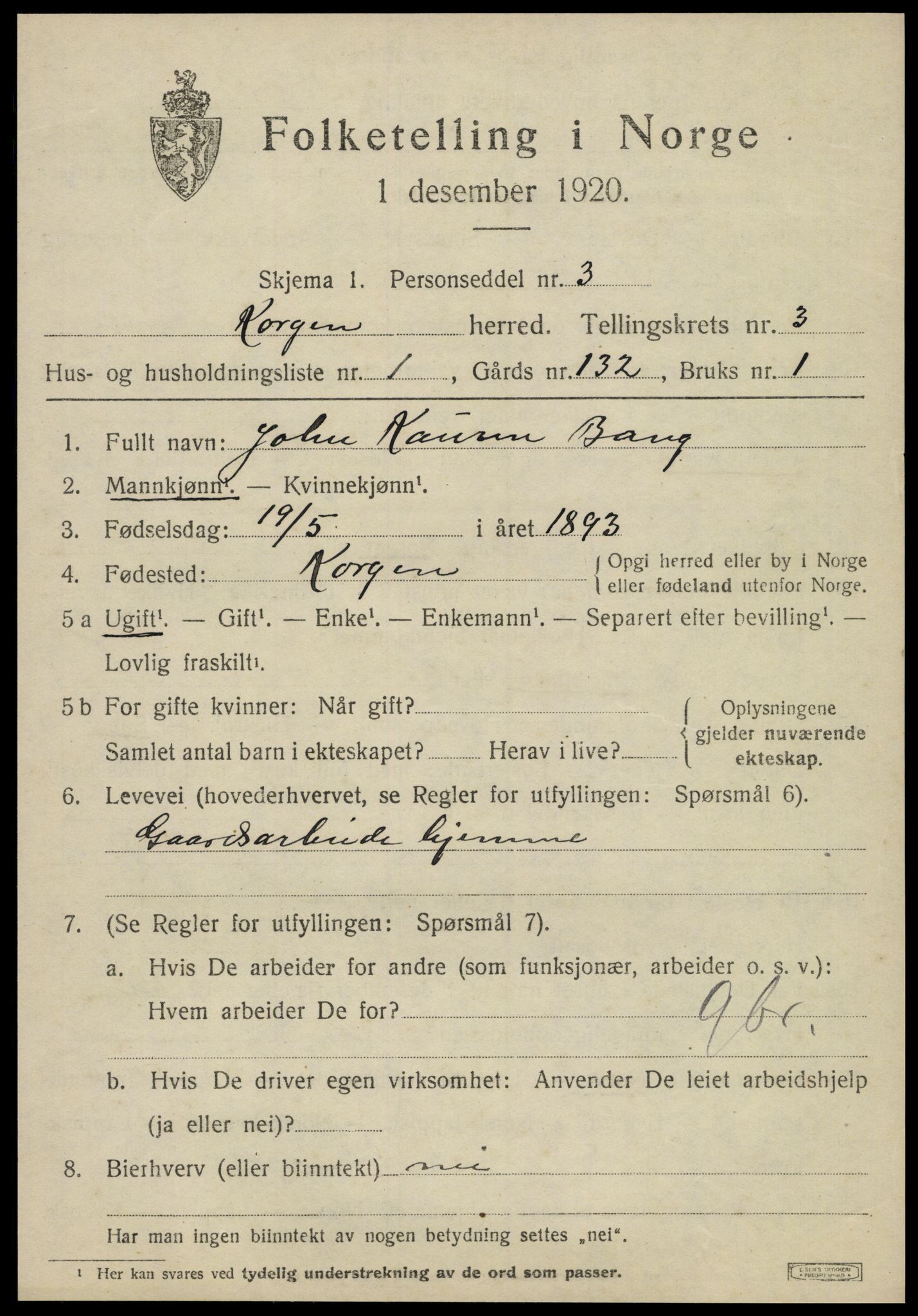 SAT, 1920 census for Korgen, 1920, p. 1364