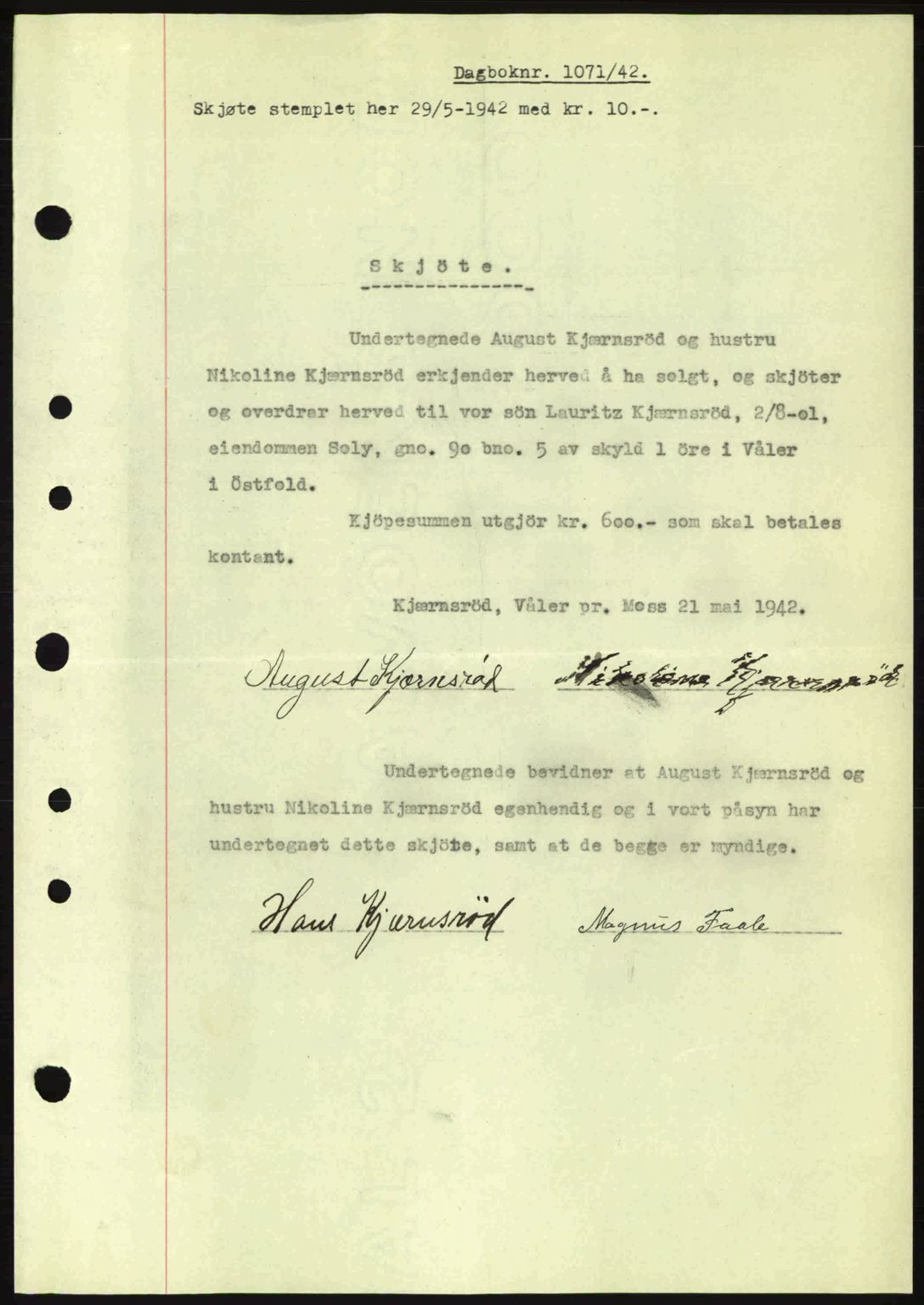 Moss sorenskriveri, SAO/A-10168: Mortgage book no. A9, 1941-1942, Diary no: : 1071/1942
