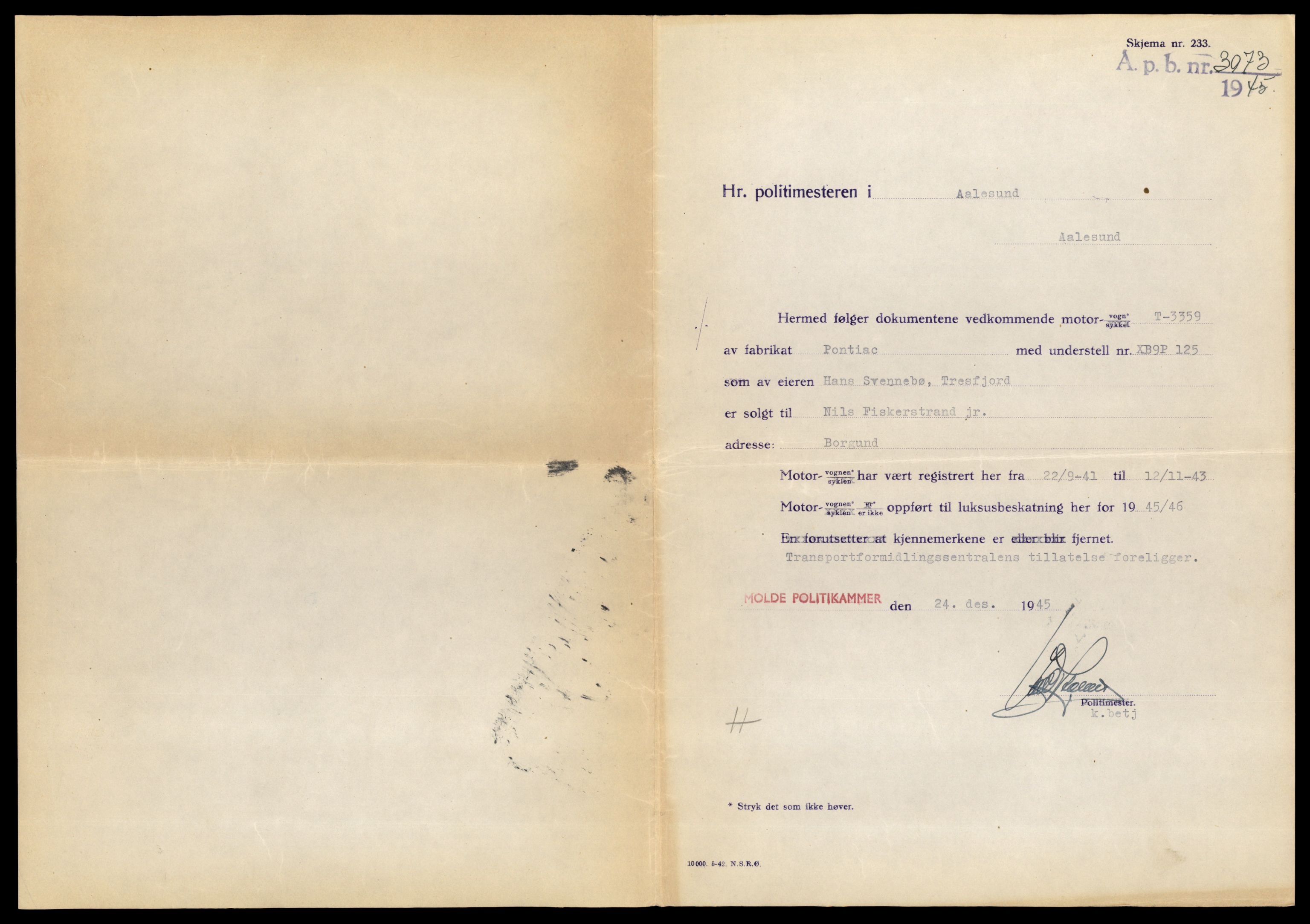 Møre og Romsdal vegkontor - Ålesund trafikkstasjon, SAT/A-4099/F/Fe/L0003: Registreringskort for kjøretøy T 232 - T 340, 1927-1998, p. 2904