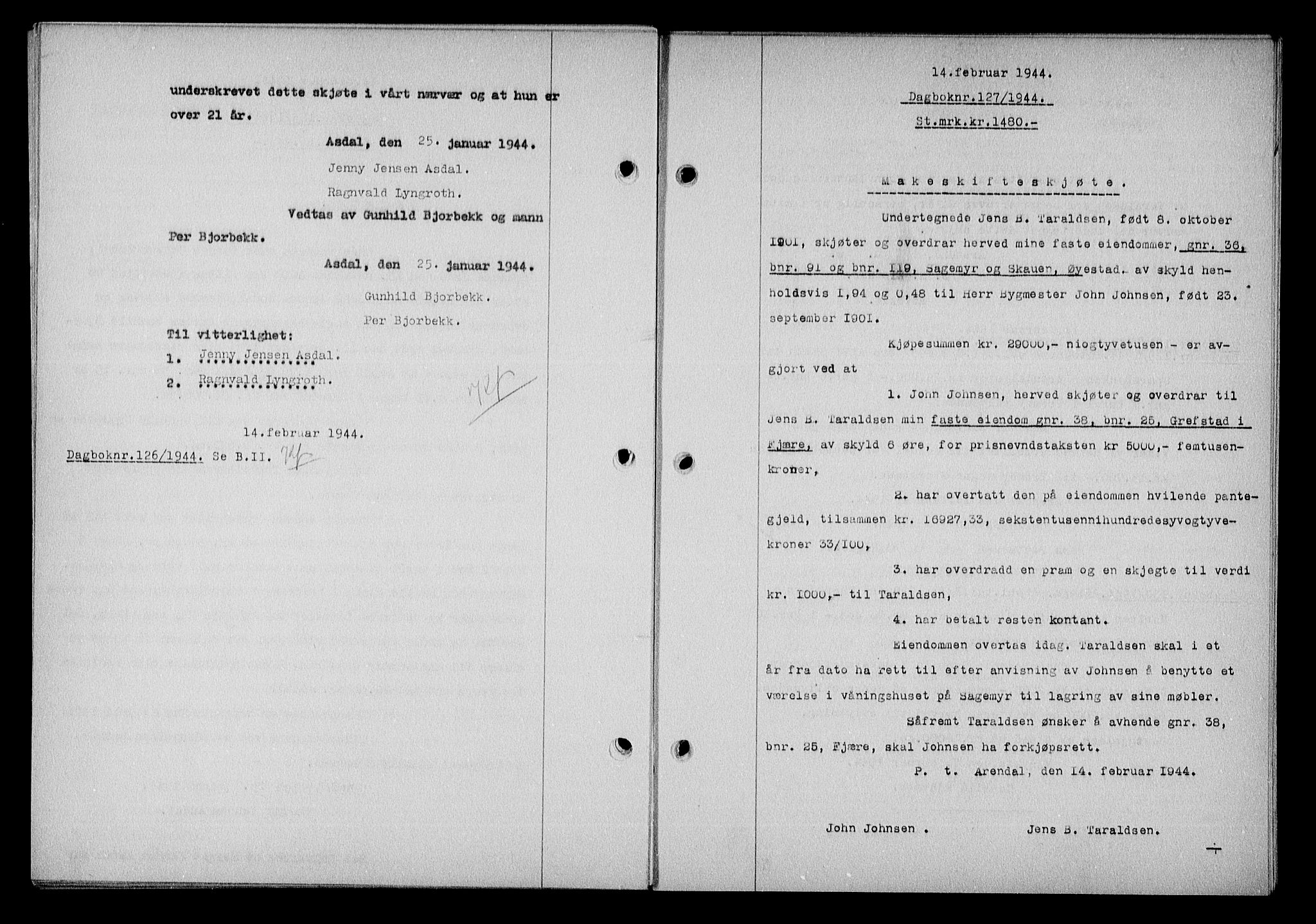 Nedenes sorenskriveri, SAK/1221-0006/G/Gb/Gba/L0051: Mortgage book no. A-V, 1943-1944, Diary no: : 127/1944