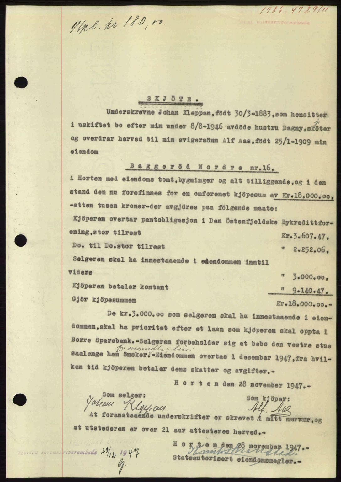 Horten sorenskriveri, AV/SAKO-A-133/G/Ga/Gaa/L0010: Mortgage book no. A-10, 1947-1948, Diary no: : 1786/1947