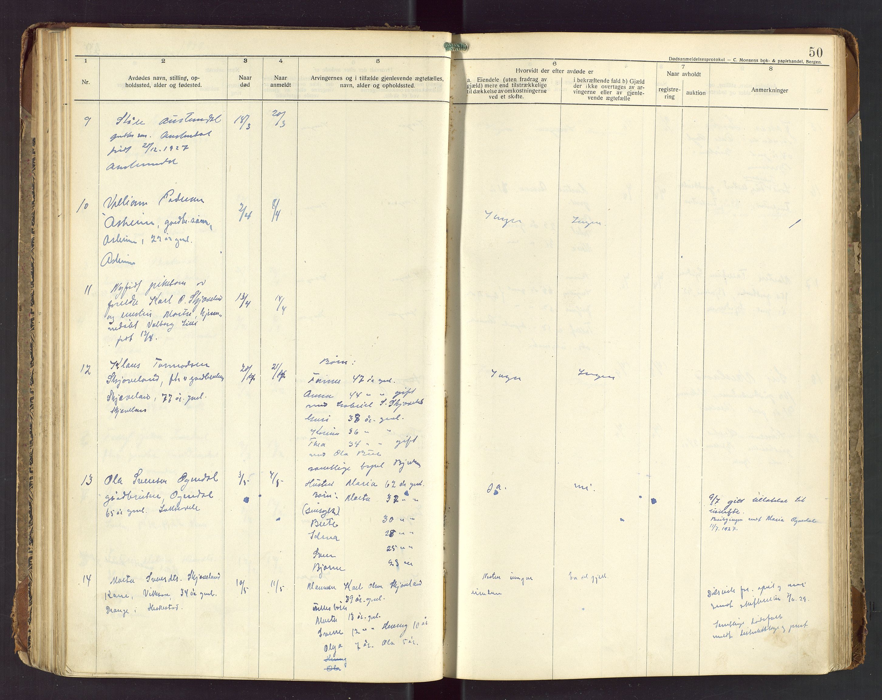 Bjerkreim lensmannskontor, AV/SAST-A-100090/Gga/L0002: "Dødsanmeldelsesprotokoll", 1916-1954, p. 50