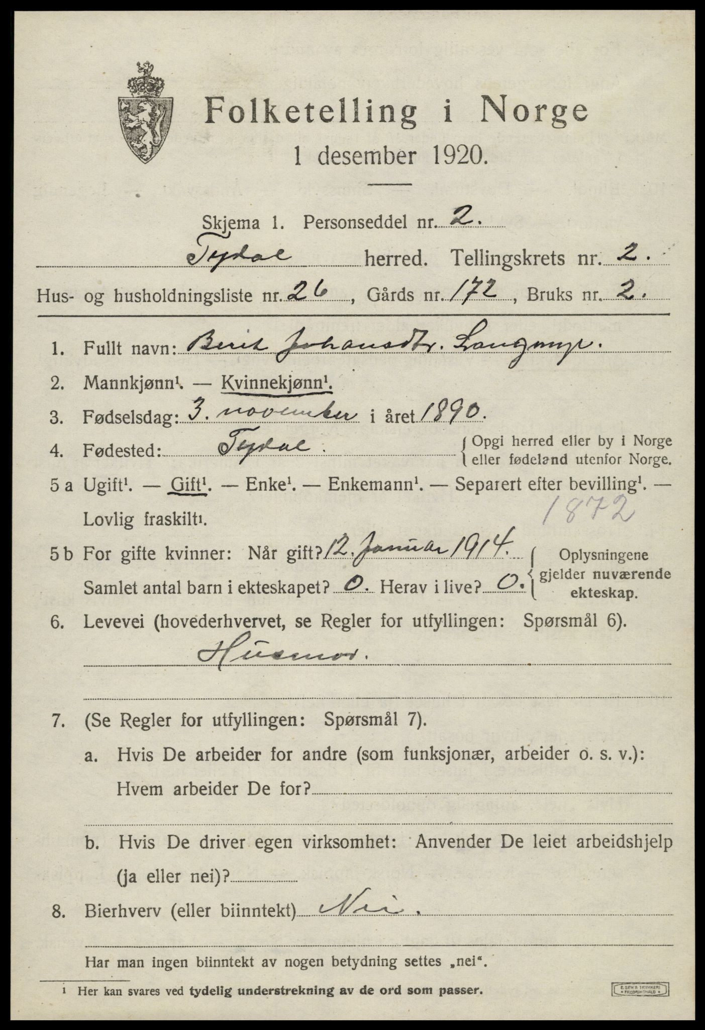 SAT, 1920 census for Tydal, 1920, p. 871