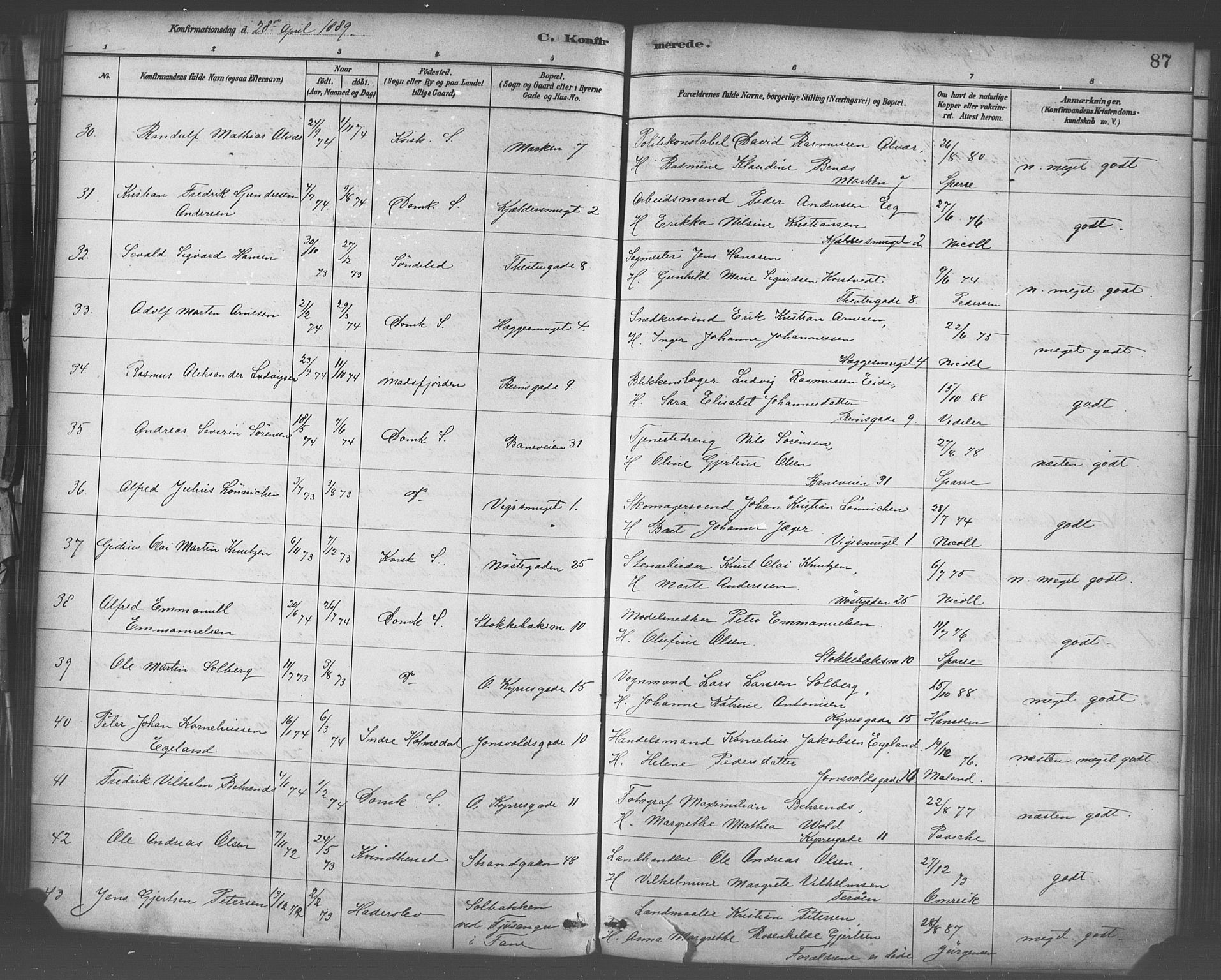 Domkirken sokneprestembete, AV/SAB-A-74801/H/Haa/L0030: Parish register (official) no. C 5, 1880-1898, p. 87