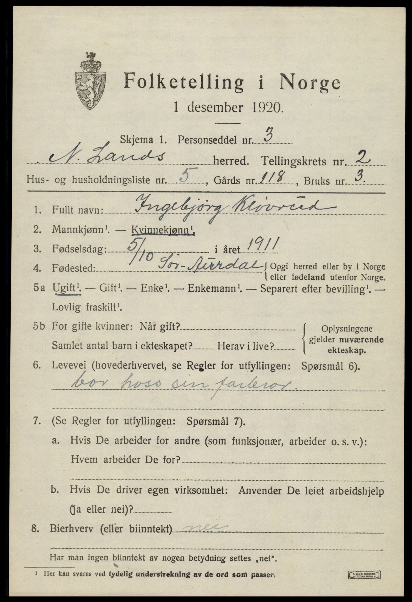 SAH, 1920 census for Nordre Land, 1920, p. 1694