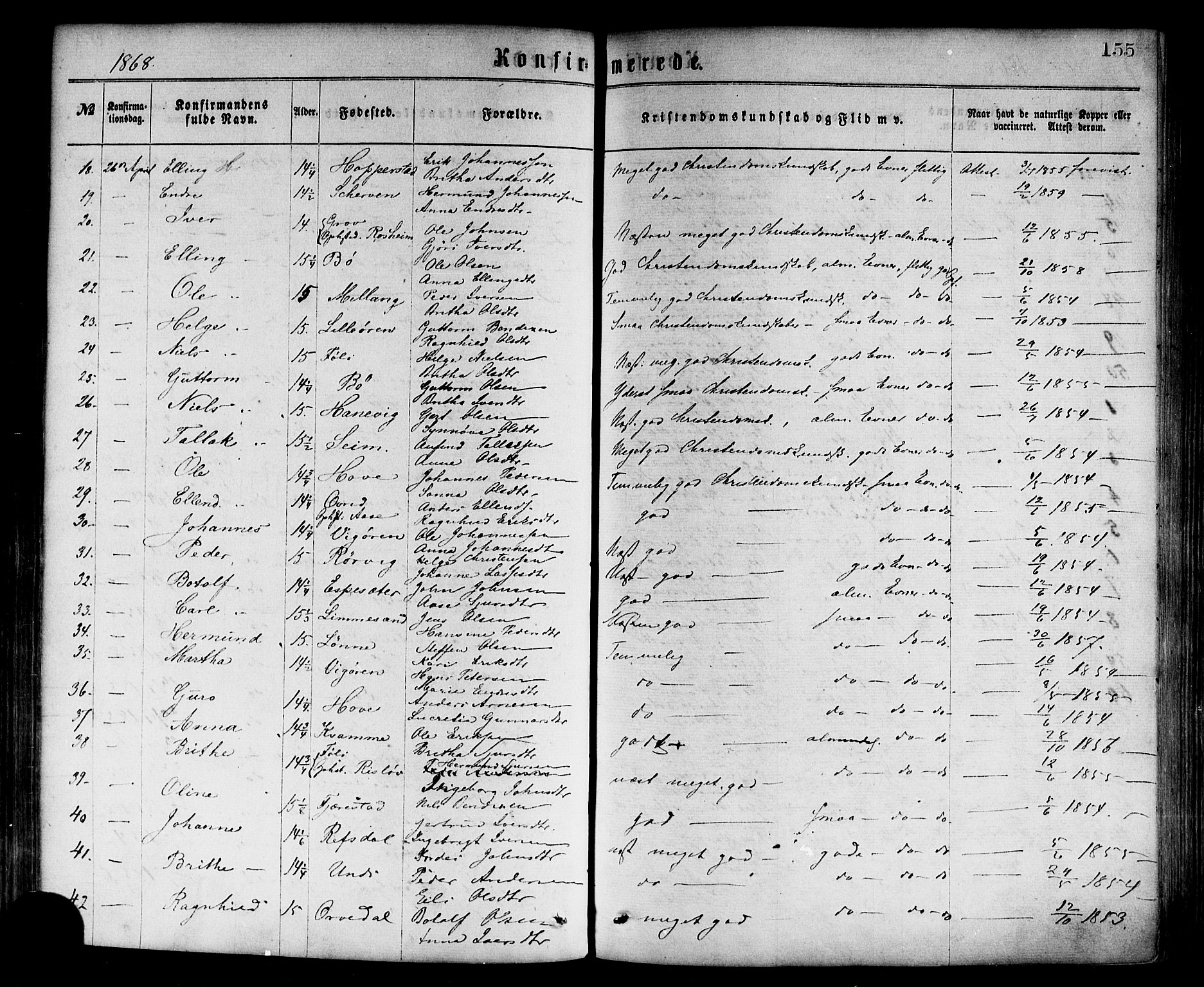 Vik sokneprestembete, AV/SAB-A-81501/H/Haa/Haaa/L0009: Parish register (official) no. A 9, 1866-1877, p. 155