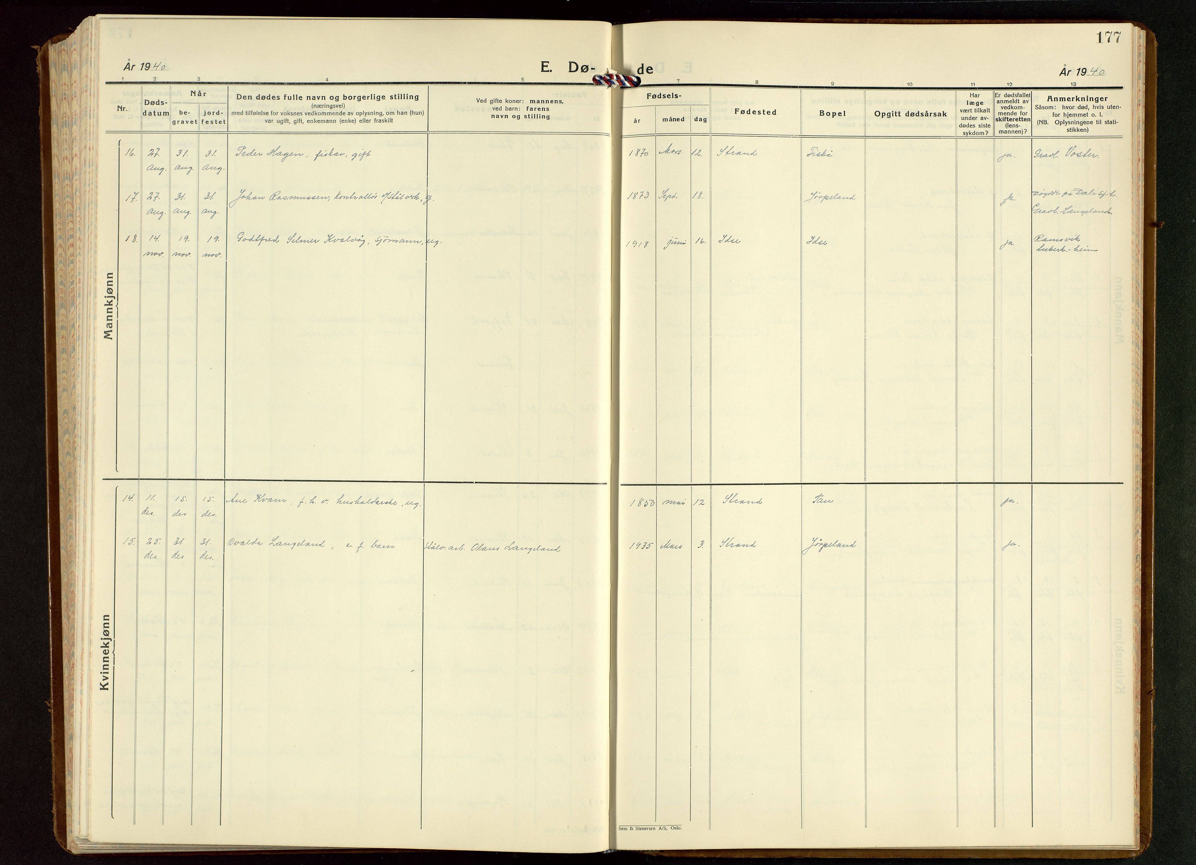 Strand sokneprestkontor, AV/SAST-A-101828/H/Ha/Hab/L0006: Parish register (copy) no. B 6, 1933-1950, p. 177