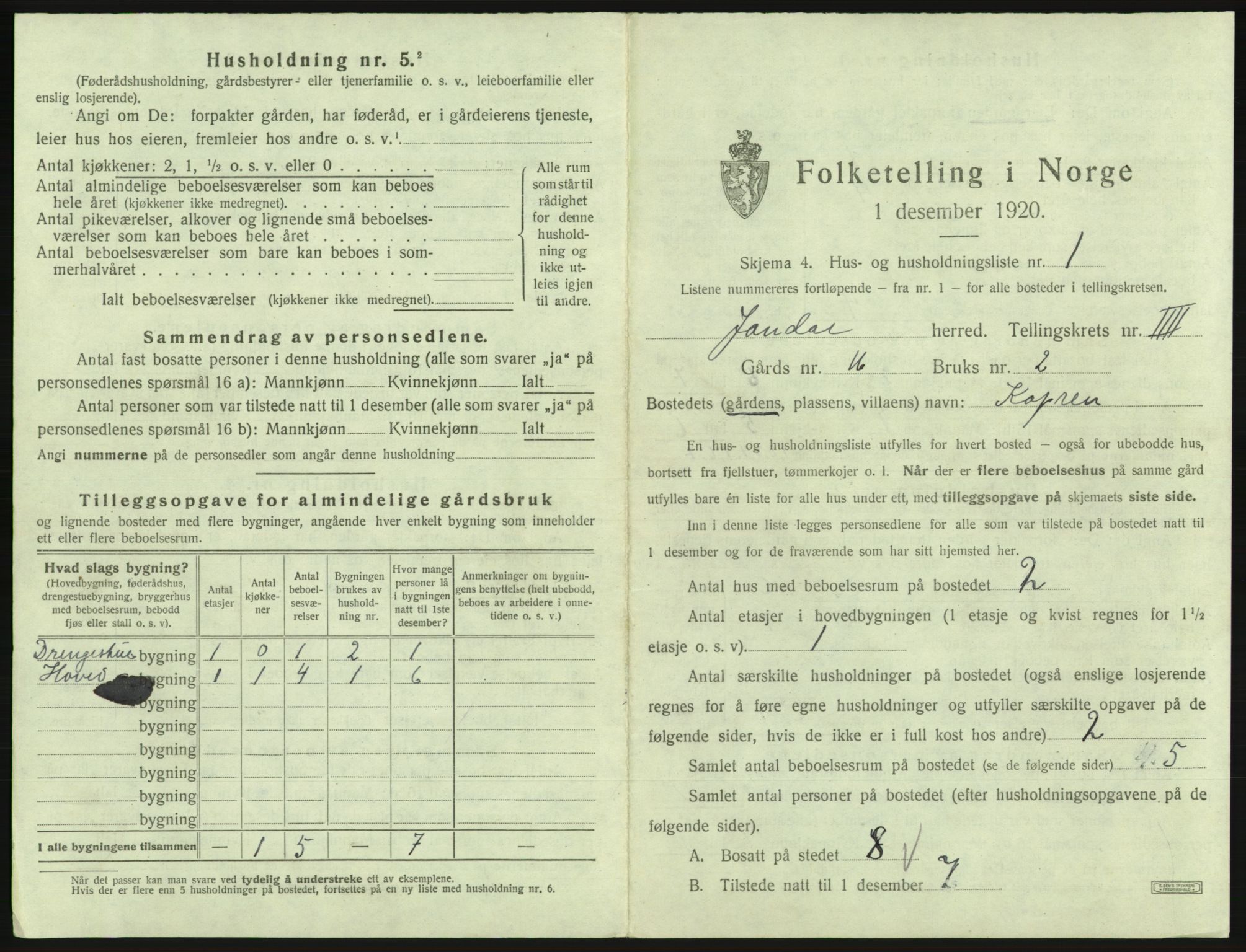 SAB, 1920 census for Jondal, 1920, p. 302