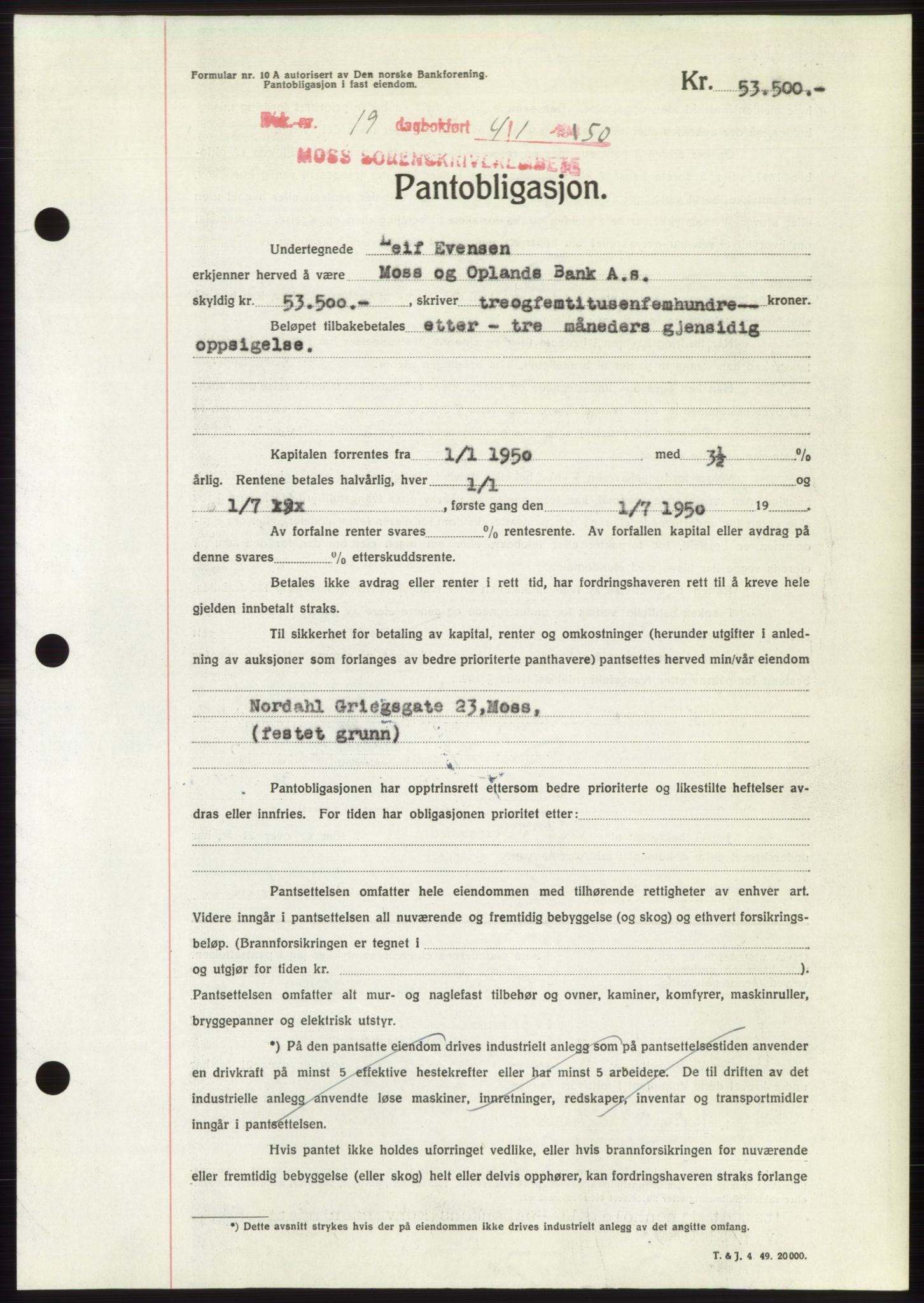 Moss sorenskriveri, SAO/A-10168: Mortgage book no. B23, 1949-1950, Diary no: : 19/1950