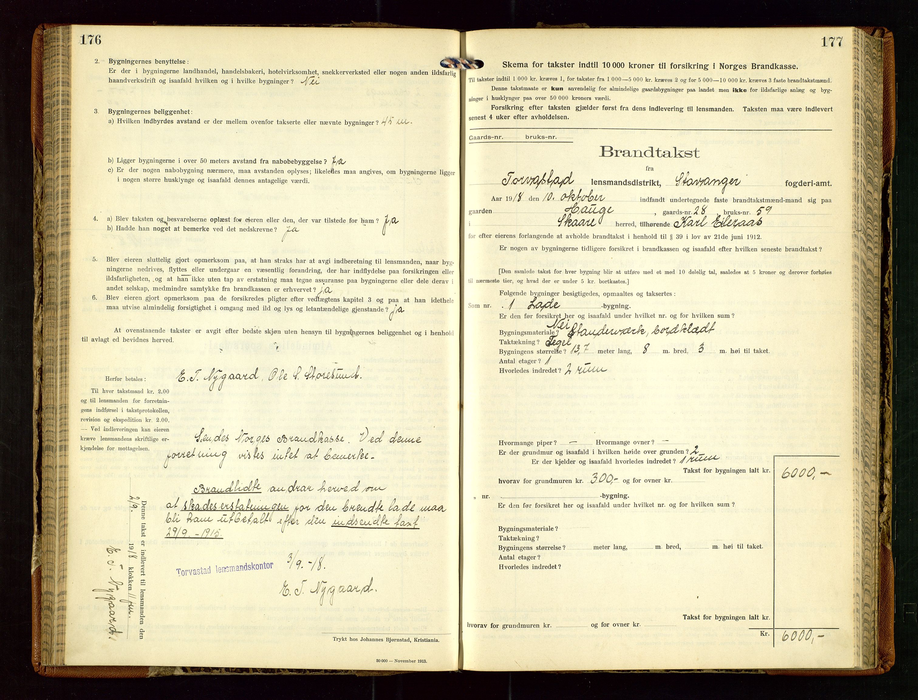 Torvestad lensmannskontor, AV/SAST-A-100307/1/Gob/L0005: "Brandtaxationsprotokol for Torvestad Lensmannsdistrikt", 1915-1928, p. 176-177