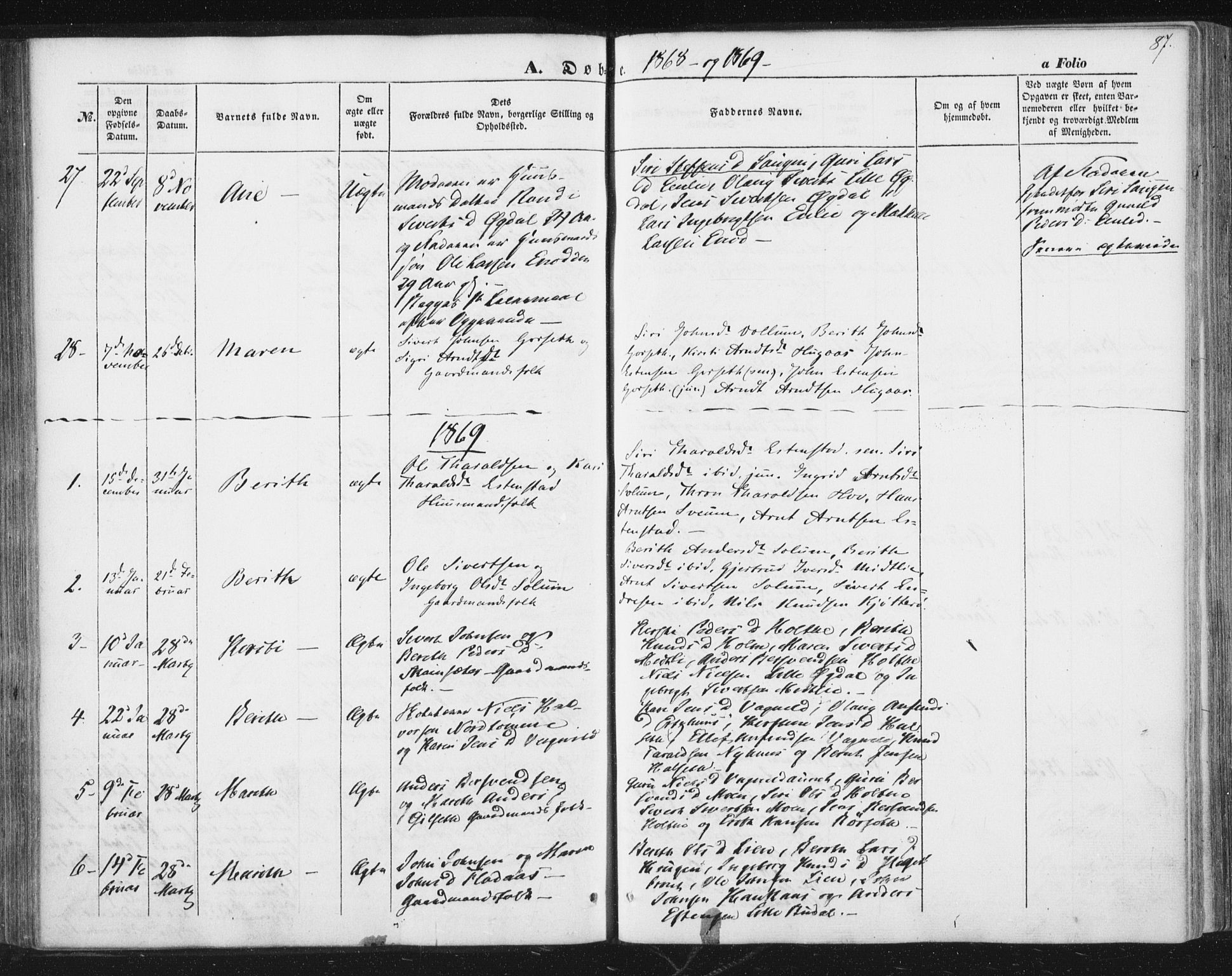 Ministerialprotokoller, klokkerbøker og fødselsregistre - Sør-Trøndelag, SAT/A-1456/689/L1038: Parish register (official) no. 689A03, 1848-1872, p. 87