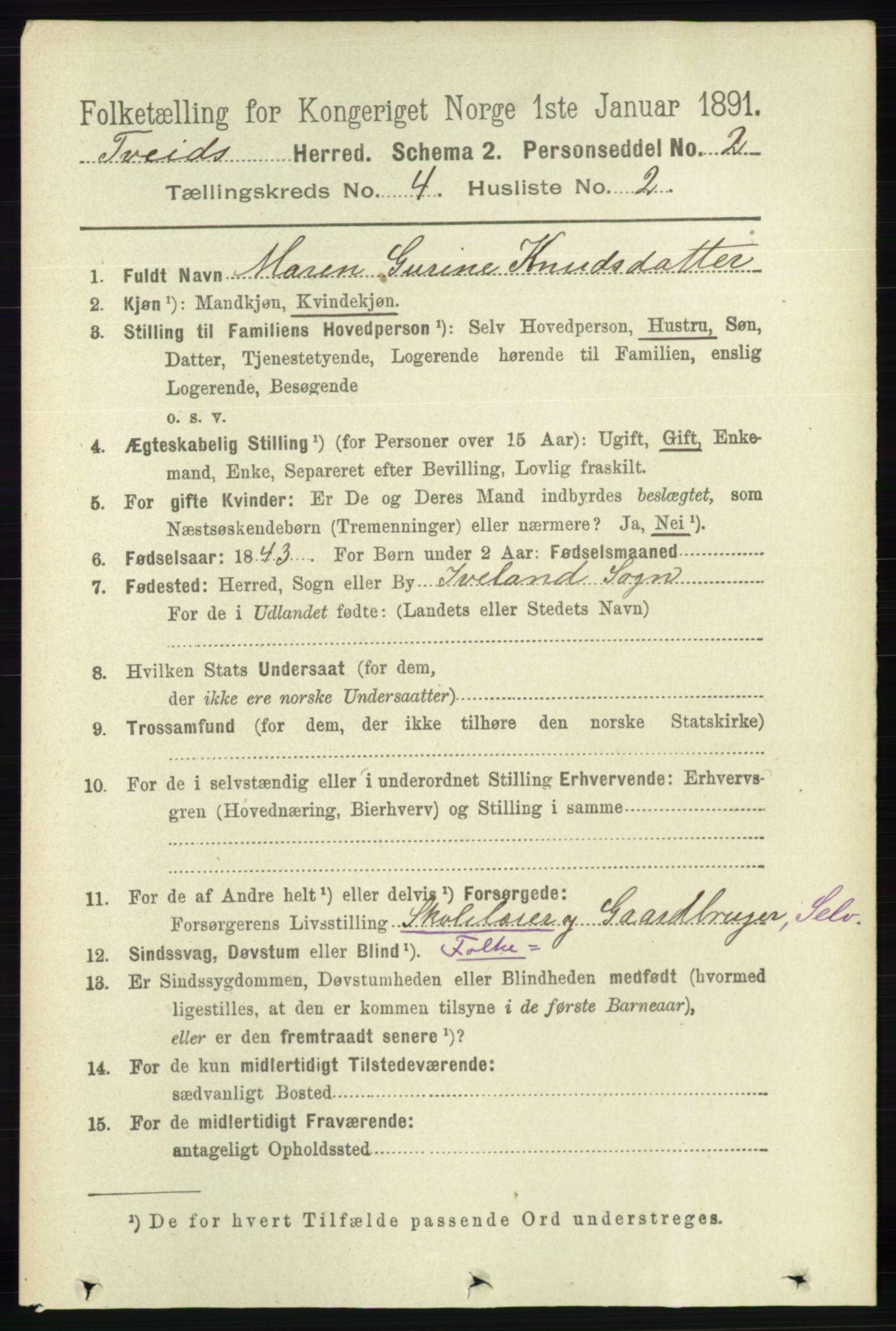 RA, 1891 census for 1013 Tveit, 1891, p. 1813