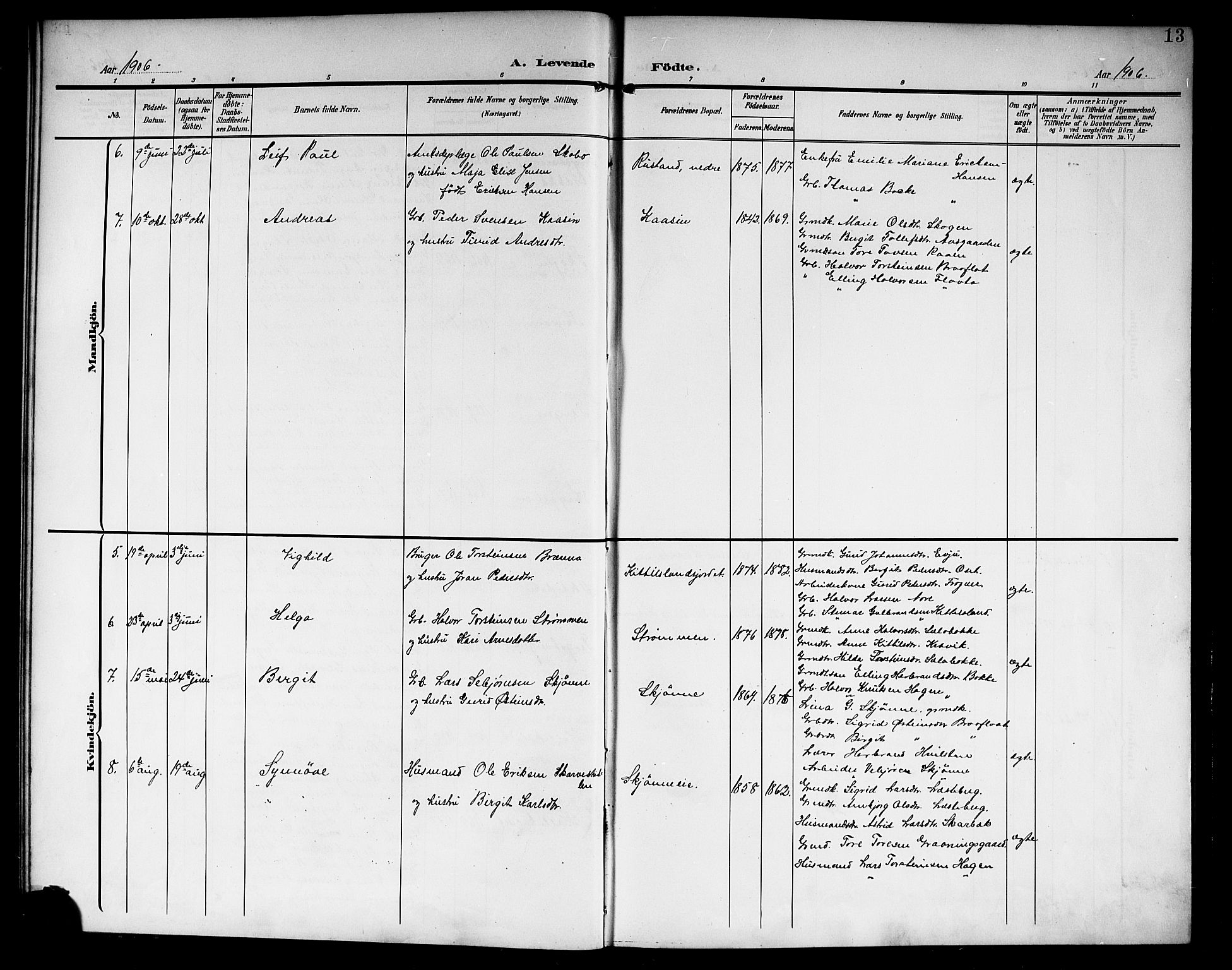 Nore kirkebøker, AV/SAKO-A-238/G/Ga/L0004: Parish register (copy) no. I 4, 1904-1919, p. 13