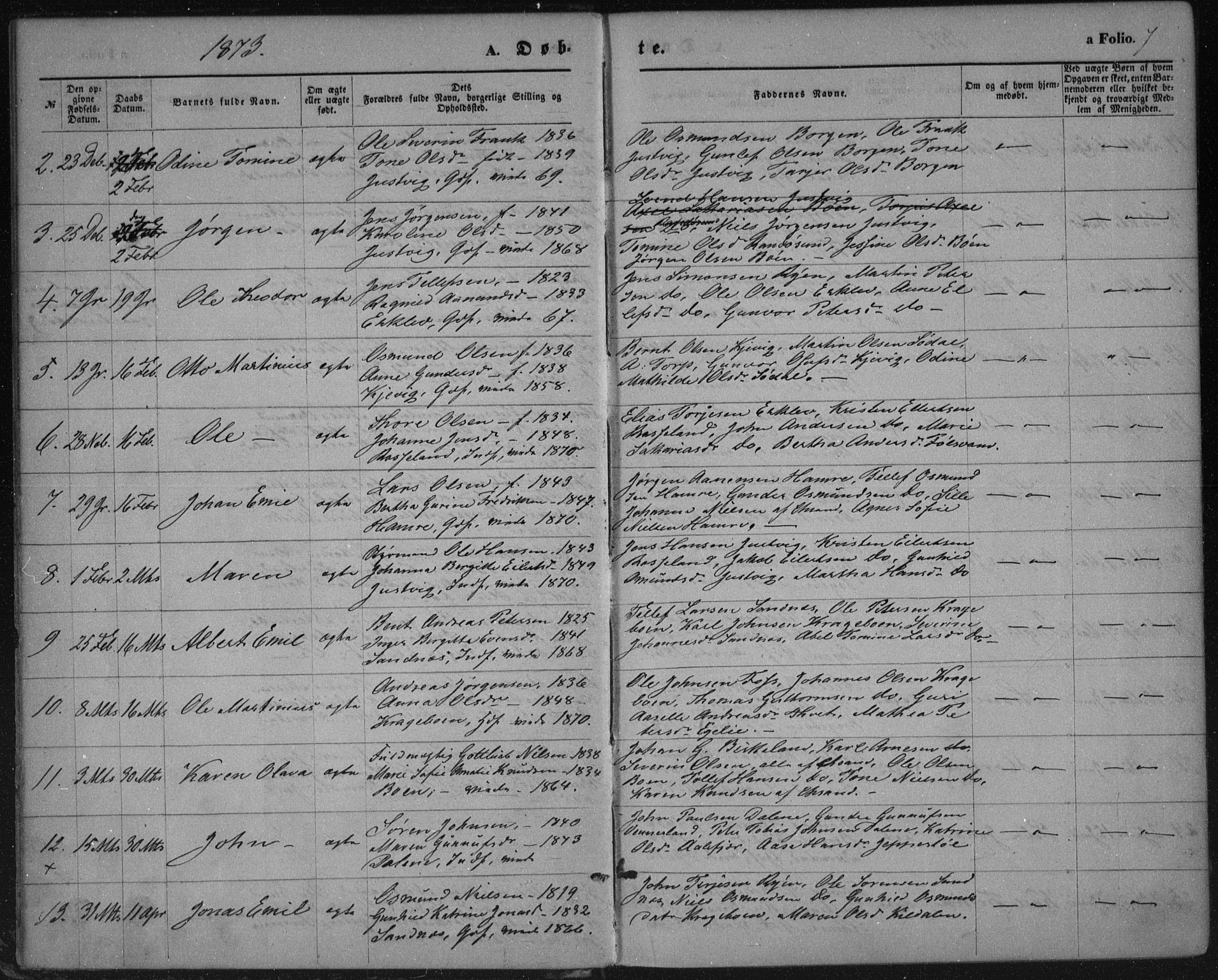 Tveit sokneprestkontor, AV/SAK-1111-0043/F/Fa/L0006: Parish register (official) no. A 6, 1872-1886, p. 7