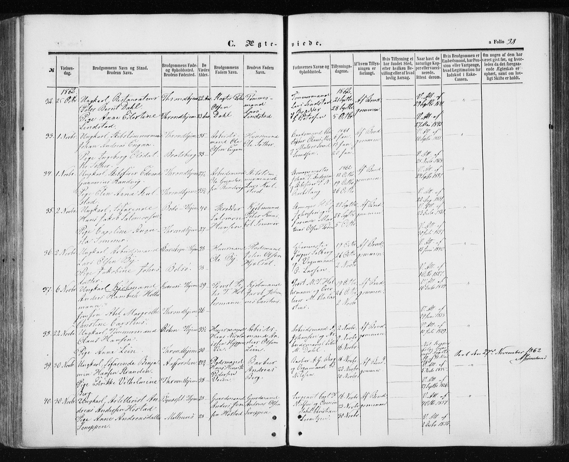 Ministerialprotokoller, klokkerbøker og fødselsregistre - Sør-Trøndelag, SAT/A-1456/601/L0053: Parish register (official) no. 601A21, 1857-1865, p. 38