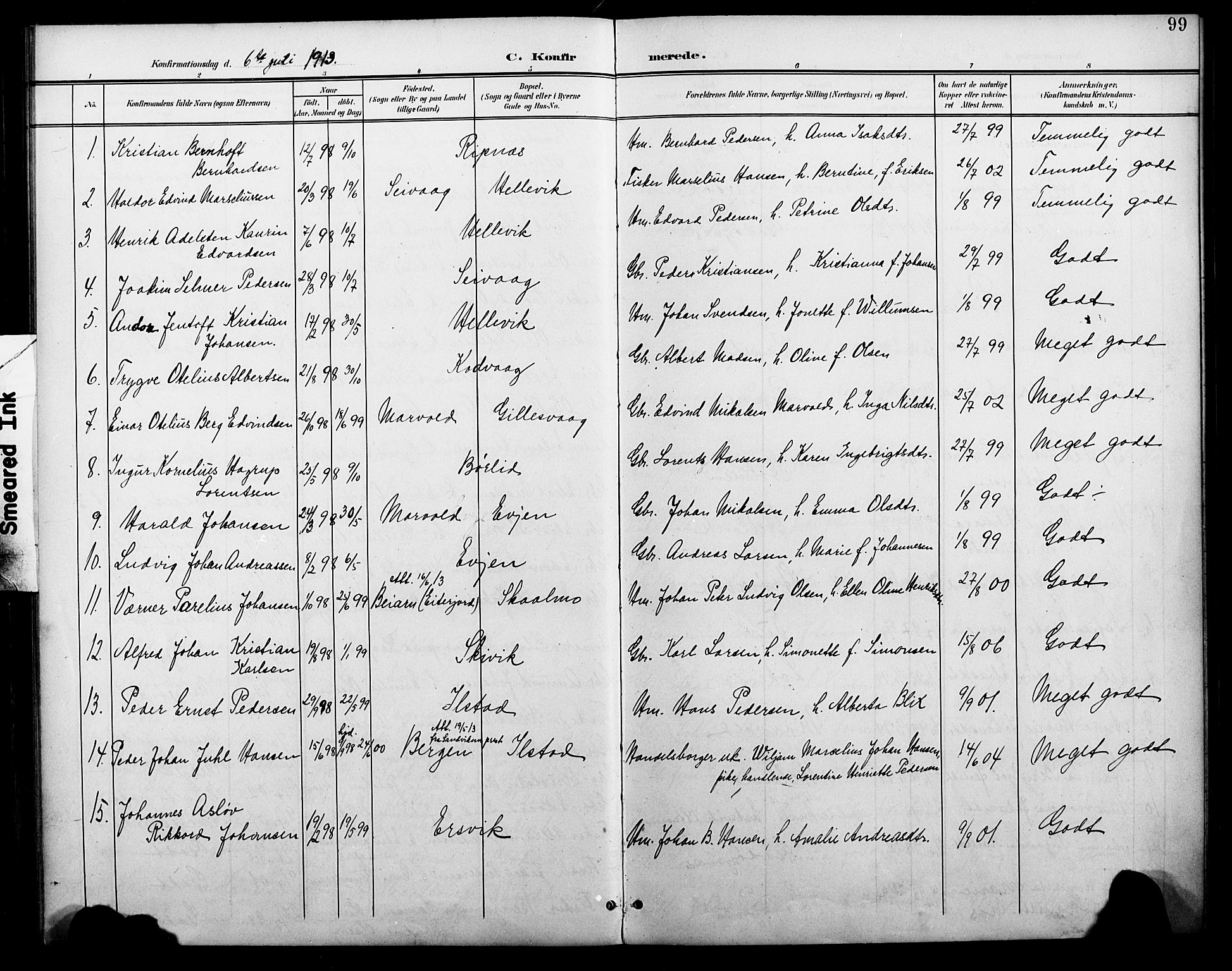 Ministerialprotokoller, klokkerbøker og fødselsregistre - Nordland, AV/SAT-A-1459/804/L0088: Parish register (copy) no. 804C01, 1901-1917, p. 99