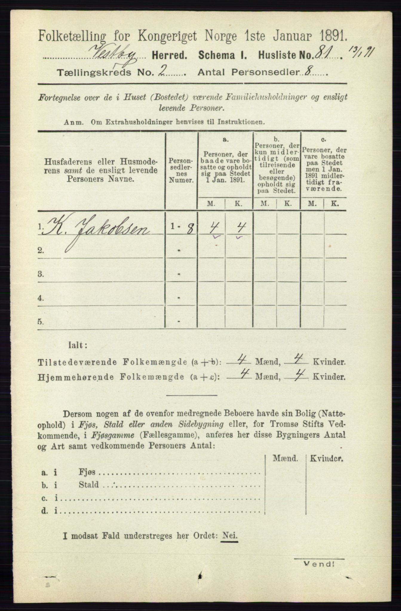 RA, 1891 census for 0211 Vestby, 1891, p. 430