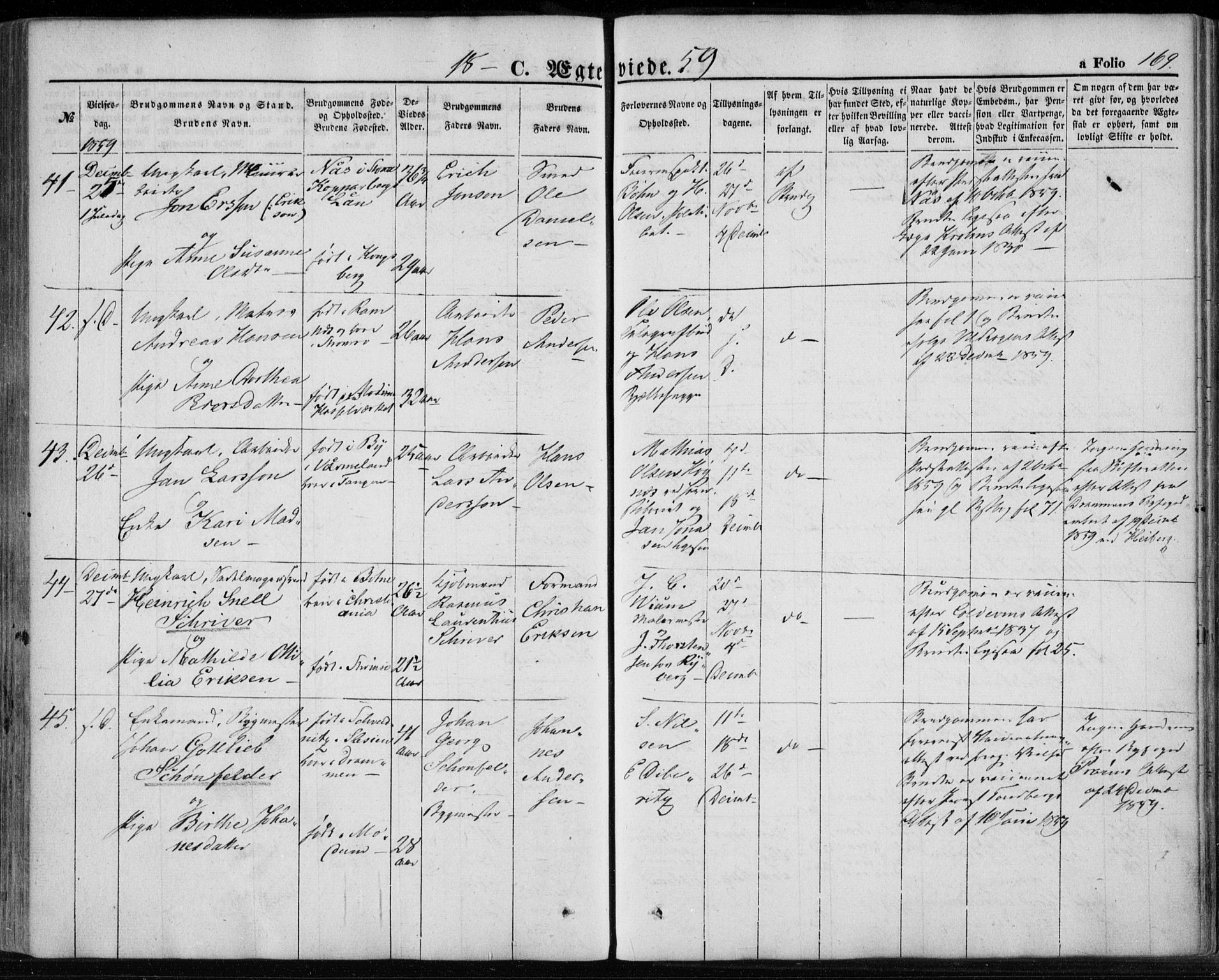 Strømsø kirkebøker, AV/SAKO-A-246/F/Fa/L0017: Parish register (official) no. I 17, 1848-1865, p. 169