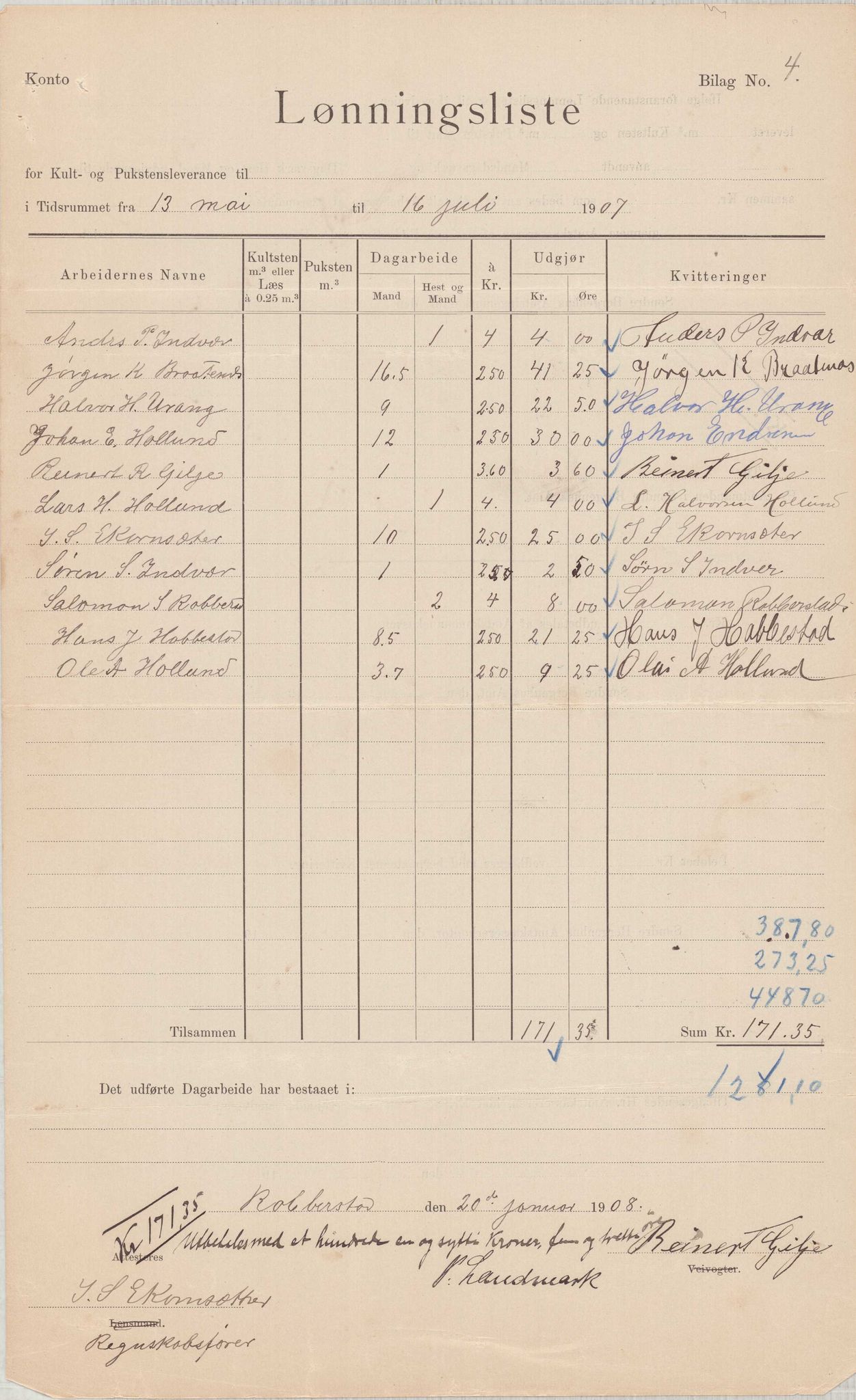 Finnaas kommune. Formannskapet, IKAH/1218a-021/E/Ea/L0002/0005: Rekneskap for veganlegg / Rekneskap for veganlegget Urangsvåg - Mælandsvåg, 1907-1909, p. 26