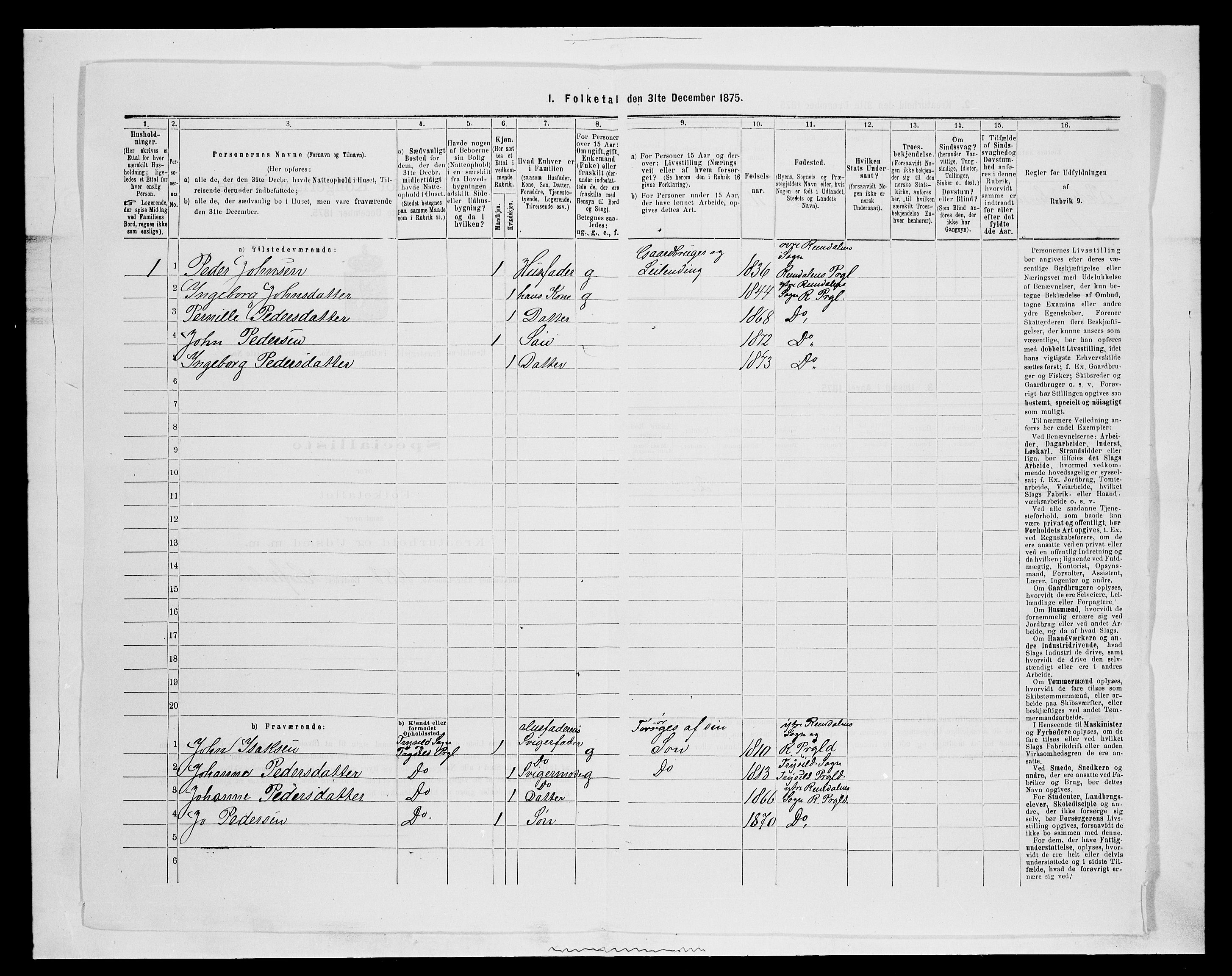 SAH, 1875 census for 0432P Rendalen, 1875, p. 1033