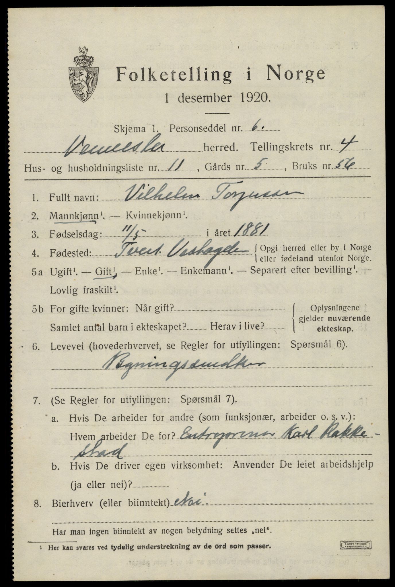 SAK, 1920 census for Vennesla, 1920, p. 2980