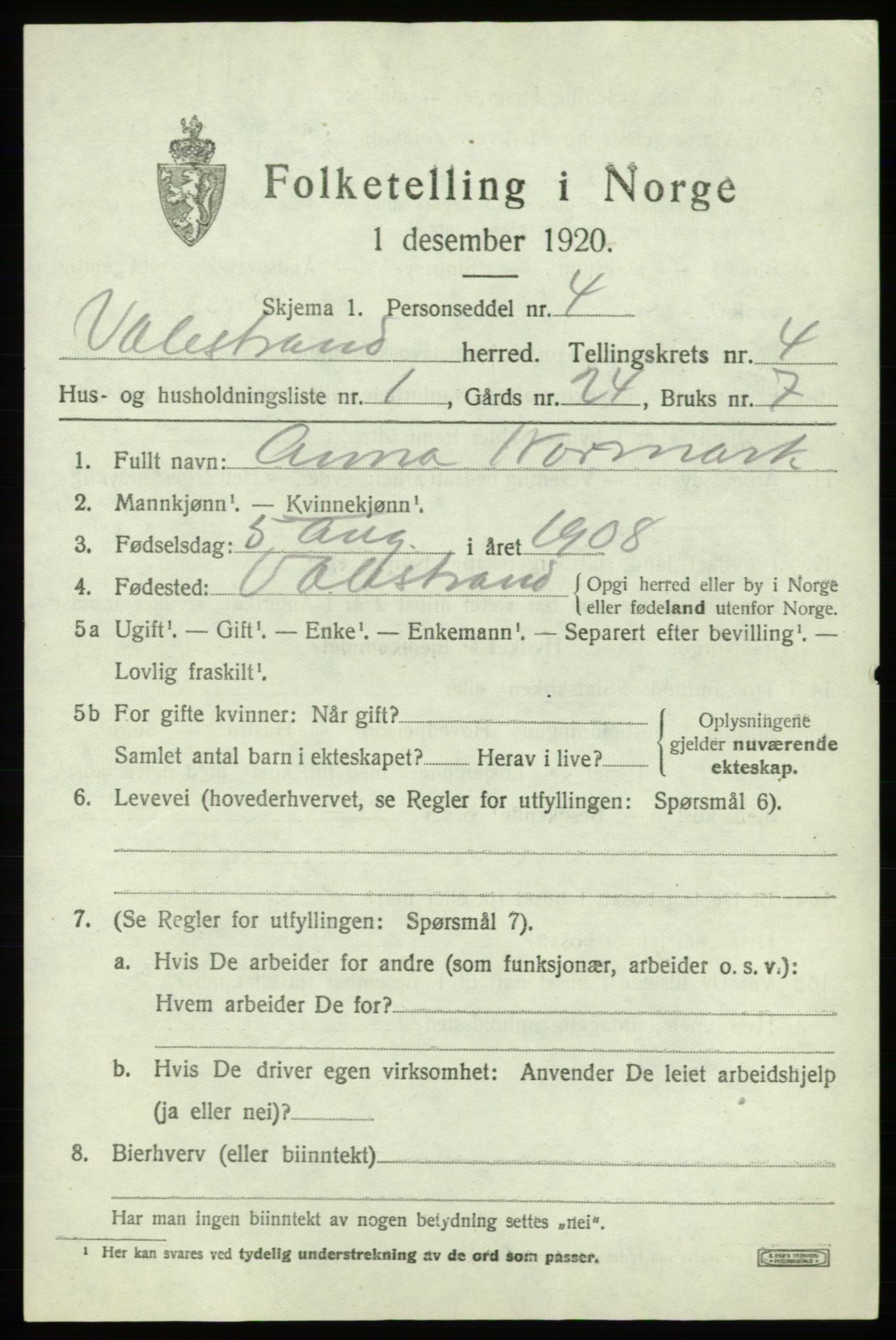 SAB, 1920 census for Valestrand, 1920, p. 1635