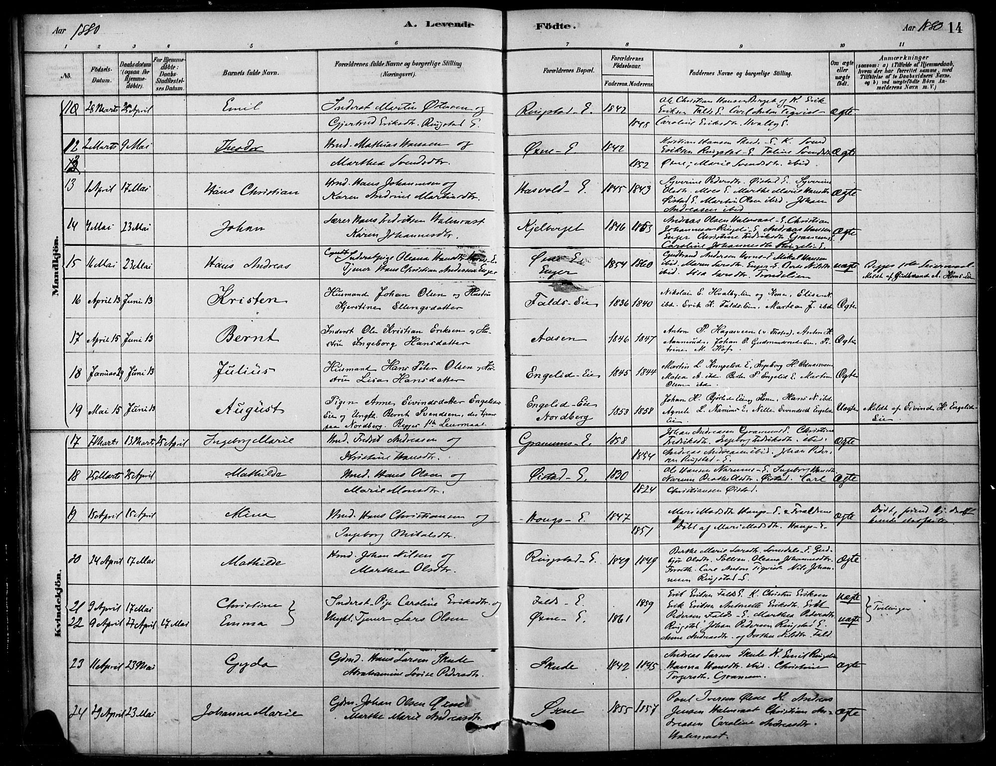 Søndre Land prestekontor, SAH/PREST-122/K/L0003: Parish register (official) no. 3, 1878-1894, p. 14