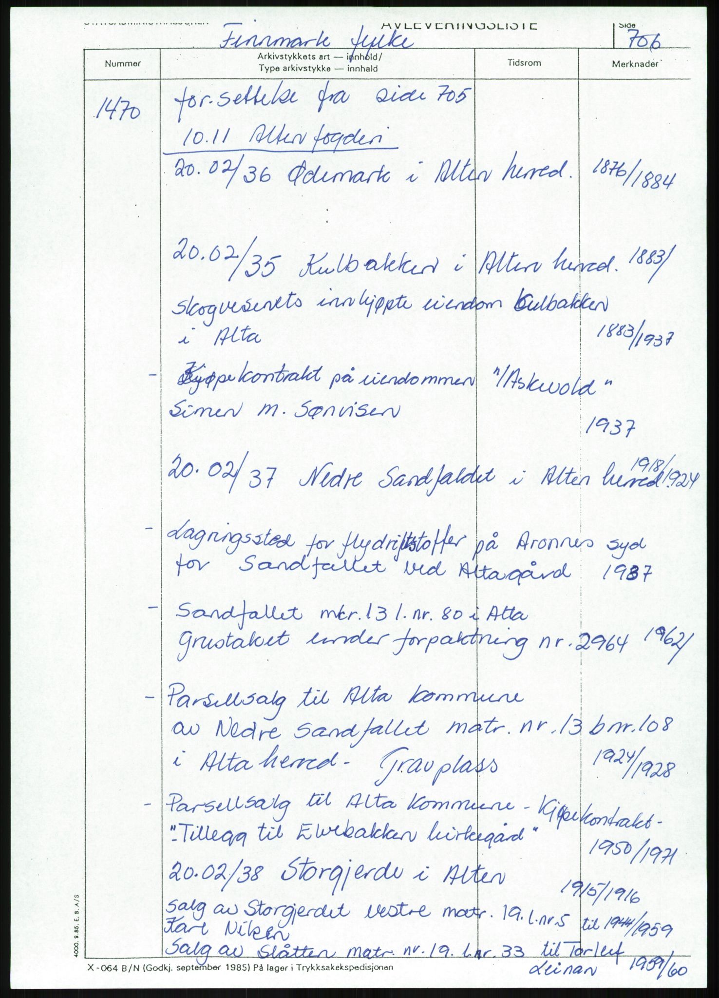 Direktoratet for statens skoger, AV/RA-S-1600/2/E/Eg/L0003: Arkivliste for 10.11-serien. Nord-Trøndelag til Finnmark fylke. Mappenr. 926 - 1505, 1957-1992, p. 518