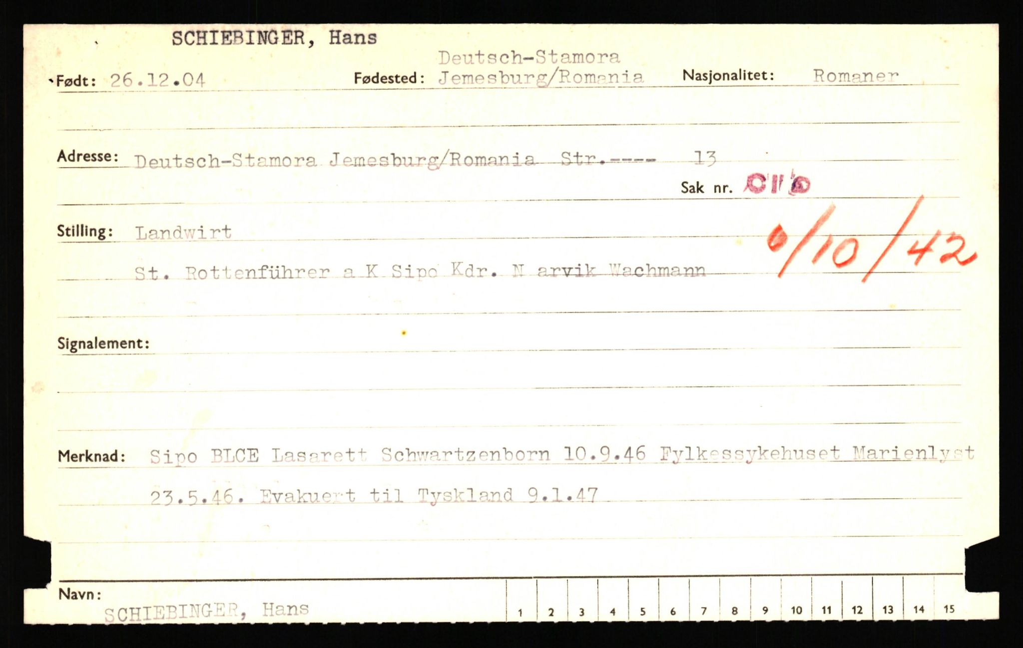 Forsvaret, Forsvarets overkommando II, RA/RAFA-3915/D/Db/L0041: CI Questionaires.  Diverse nasjonaliteter., 1945-1946, p. 151