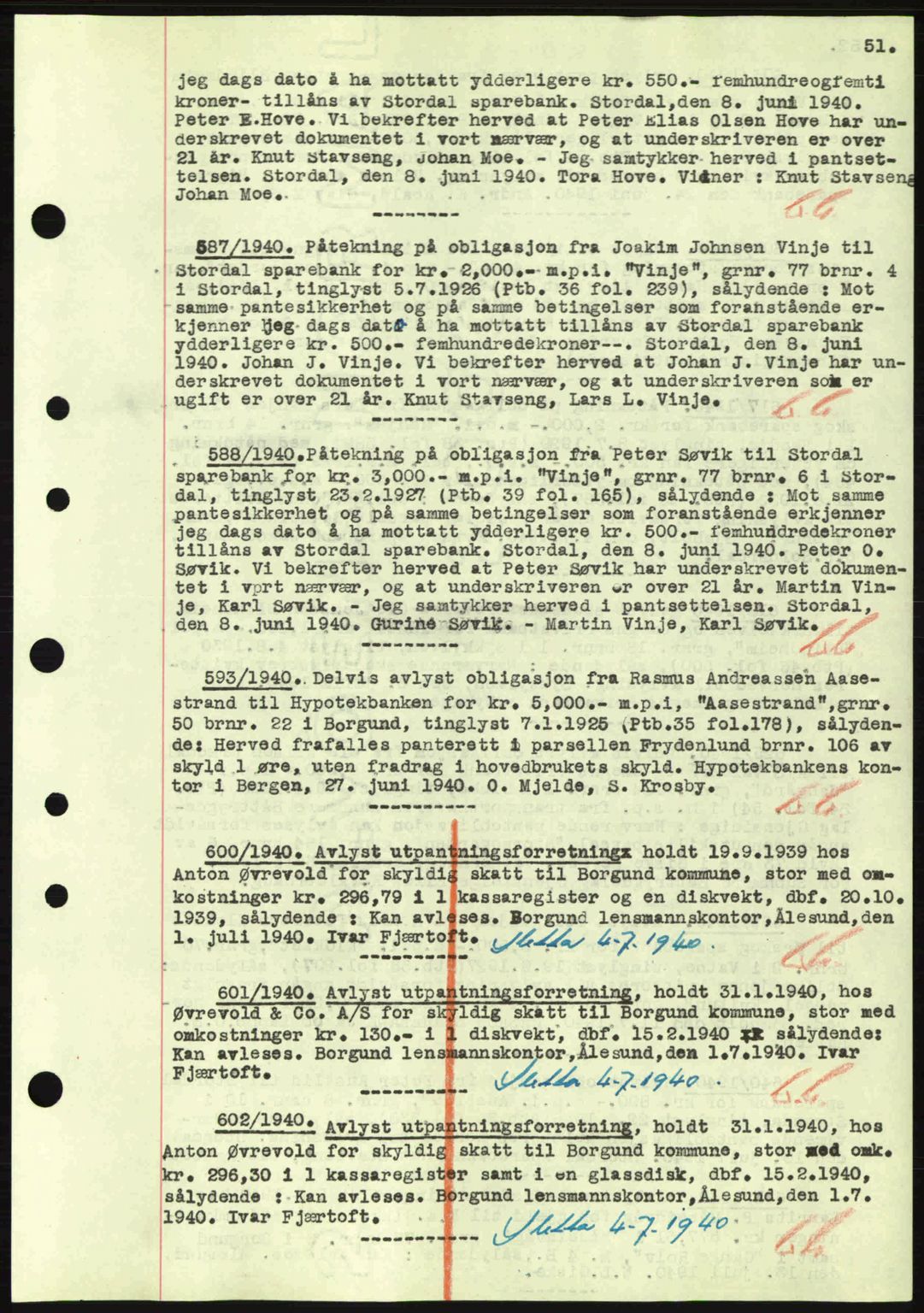 Nordre Sunnmøre sorenskriveri, SAT/A-0006/1/2/2C/2Ca: Mortgage book no. B1-6, 1938-1942, Diary no: : 587/1940