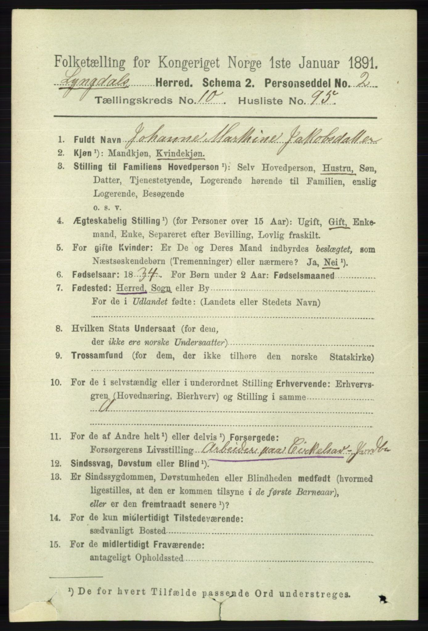 RA, 1891 census for 1032 Lyngdal, 1891, p. 4727