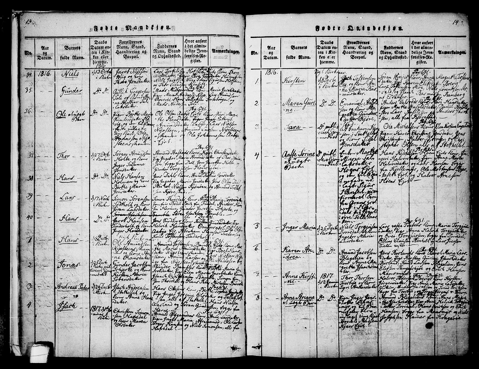 Bamble kirkebøker, SAKO/A-253/F/Fa/L0003: Parish register (official) no. I 3 /1, 1814-1834, p. 13-14