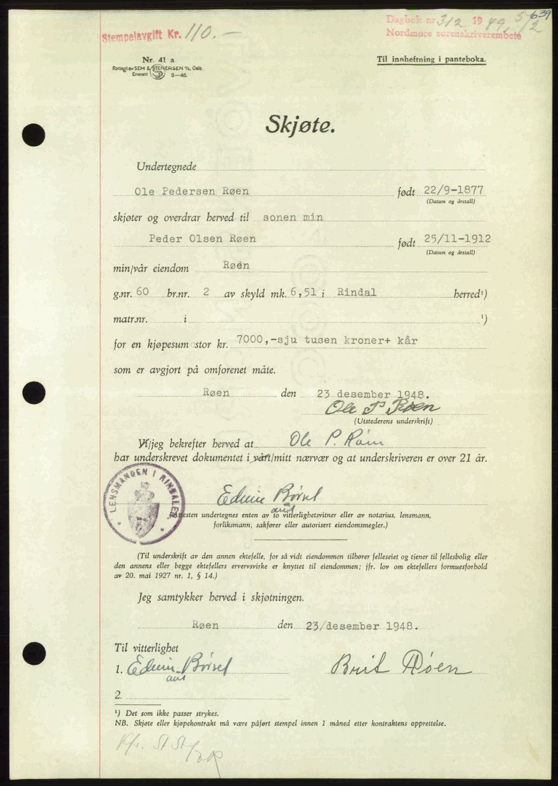 Nordmøre sorenskriveri, AV/SAT-A-4132/1/2/2Ca: Mortgage book no. A110, 1948-1949, Diary no: : 312/1949