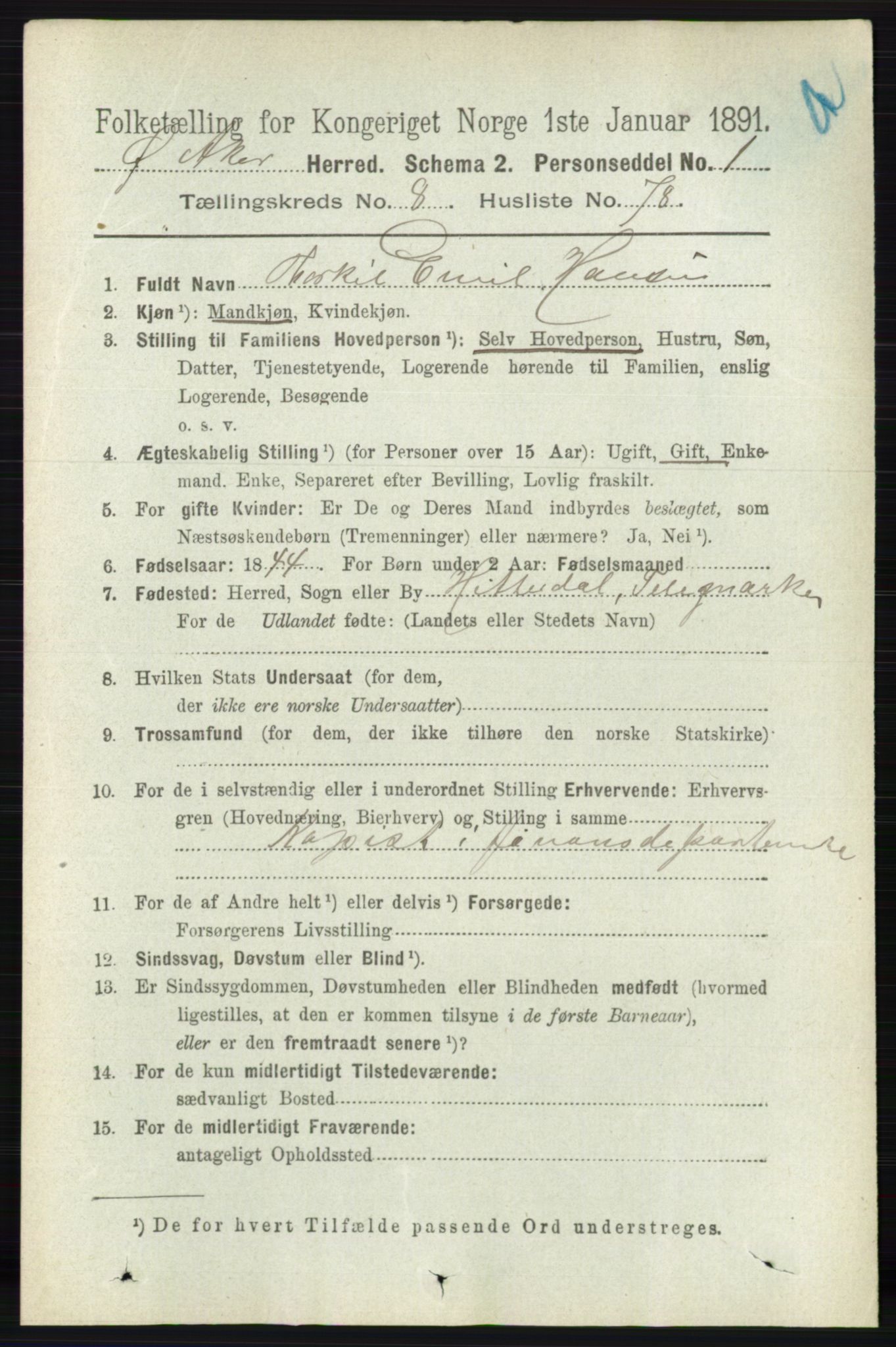 RA, 1891 census for 0218 Aker, 1891, p. 7895