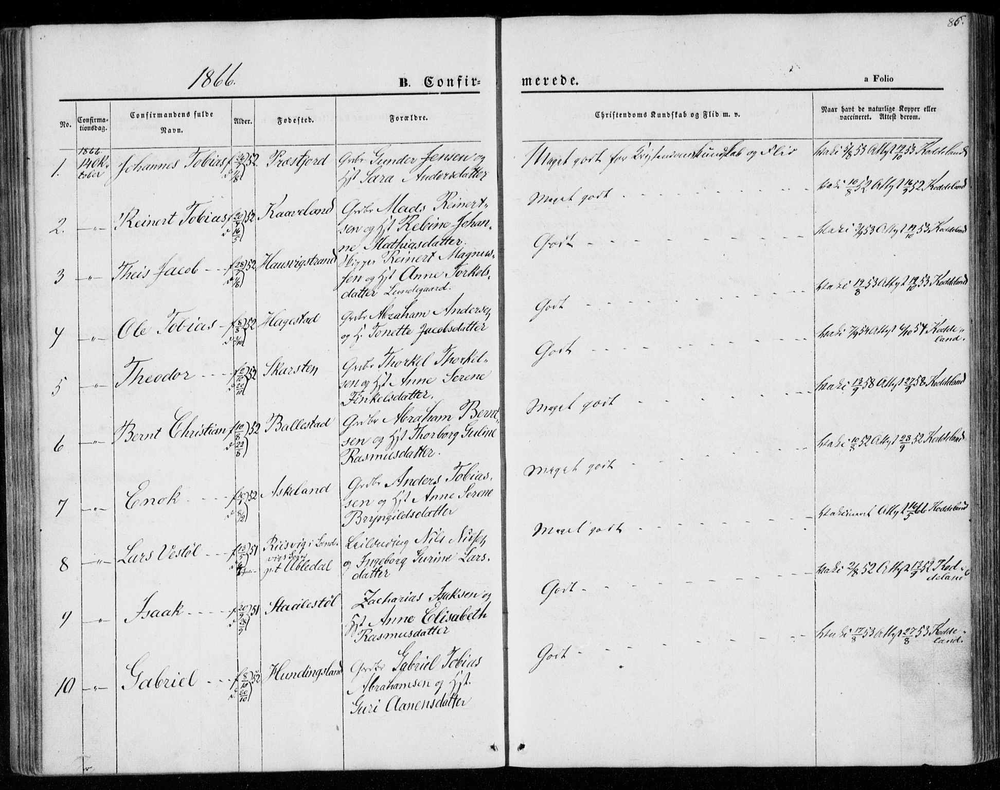 Lyngdal sokneprestkontor, SAK/1111-0029/F/Fa/Faa/L0002: Parish register (official) no. A 2, 1858-1870, p. 86