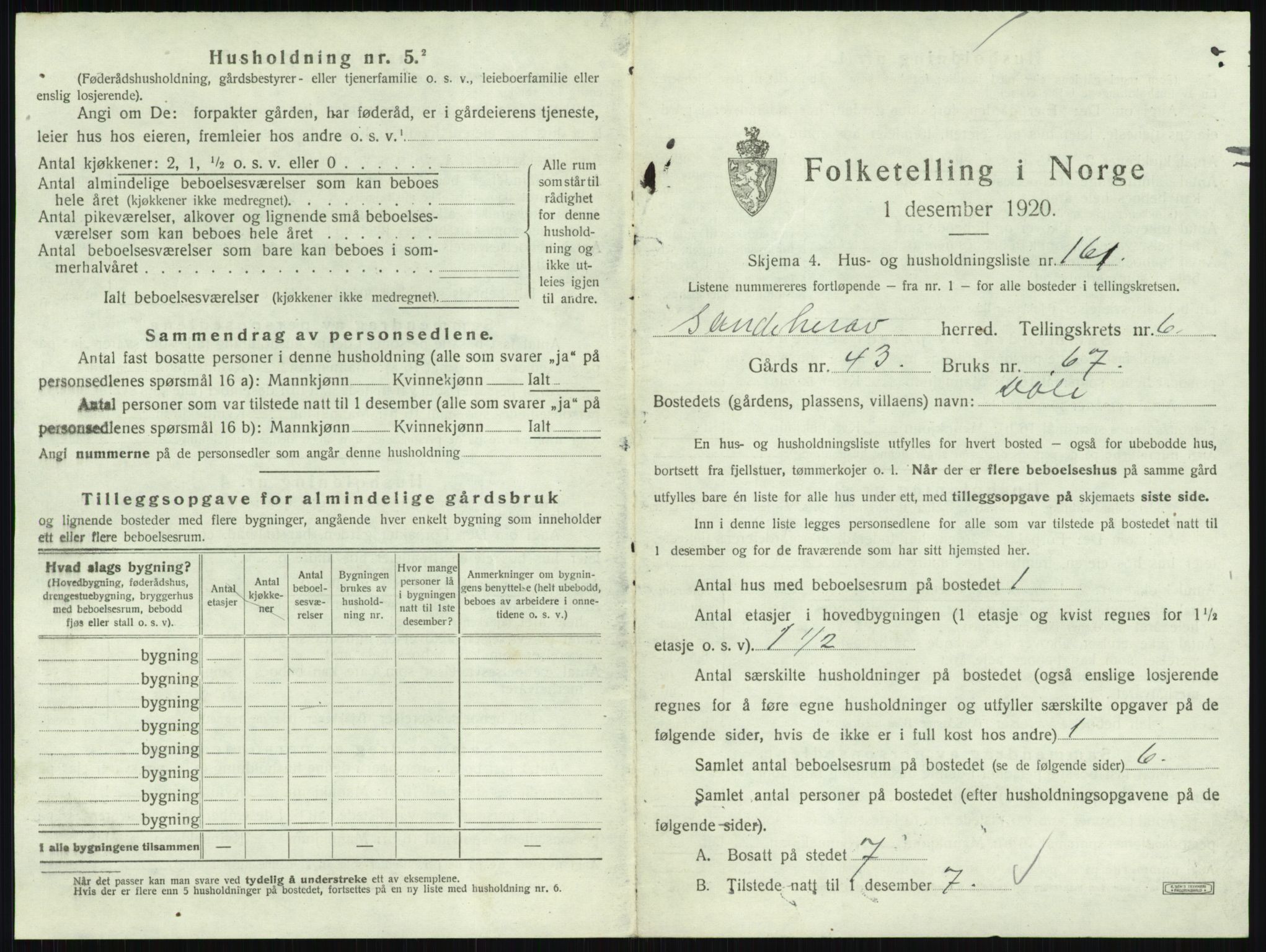 SAKO, 1920 census for Sandeherred, 1920, p. 1434