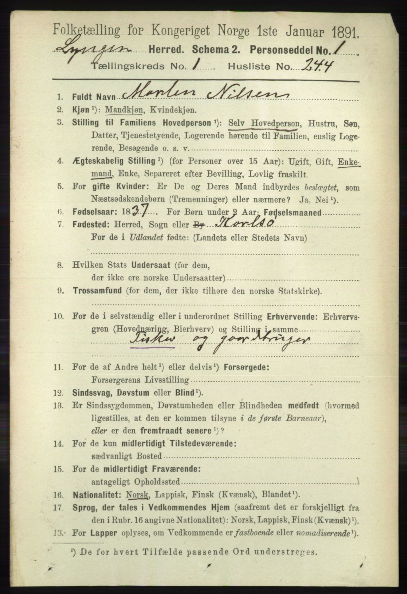 RA, 1891 census for 1938 Lyngen, 1891, p. 1898