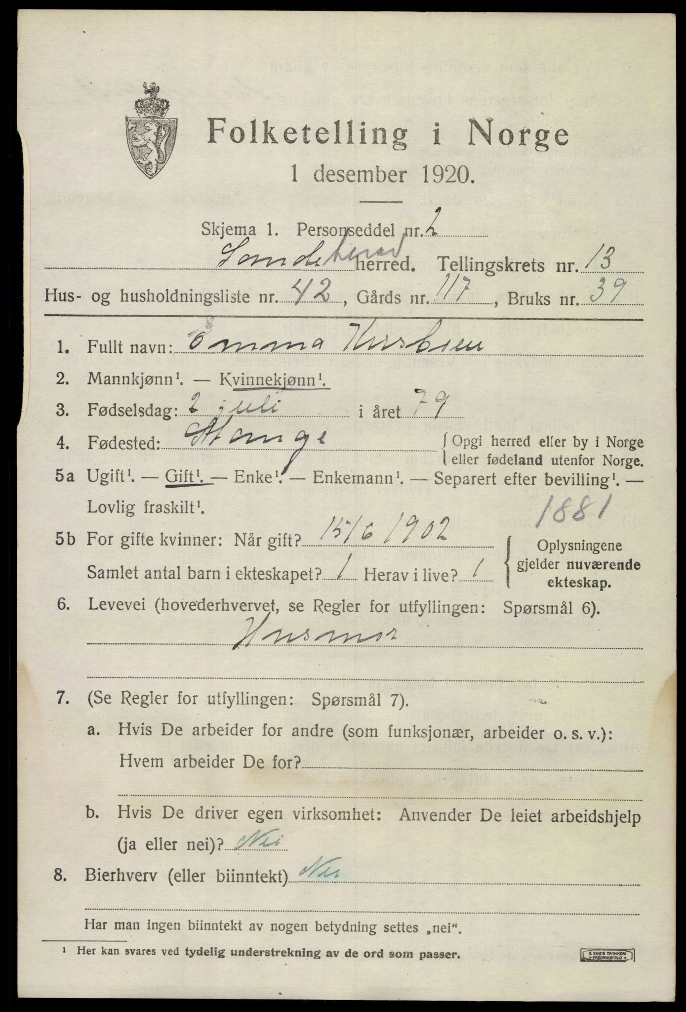 SAKO, 1920 census for Sandeherred, 1920, p. 19802