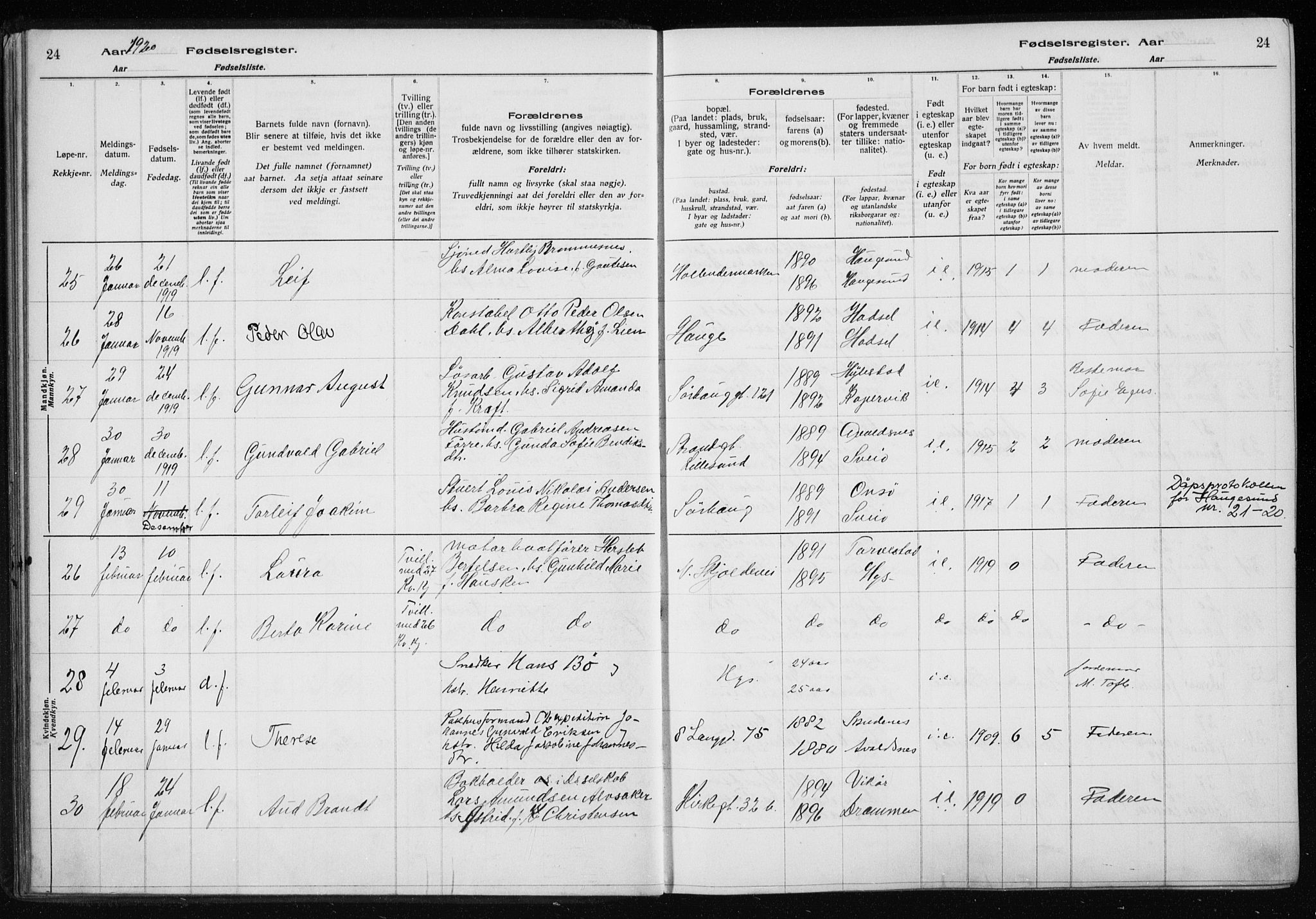 Haugesund sokneprestkontor, AV/SAST-A -101863/I/Id/L0004: Birth register no. 2, 1919-1923, p. 24