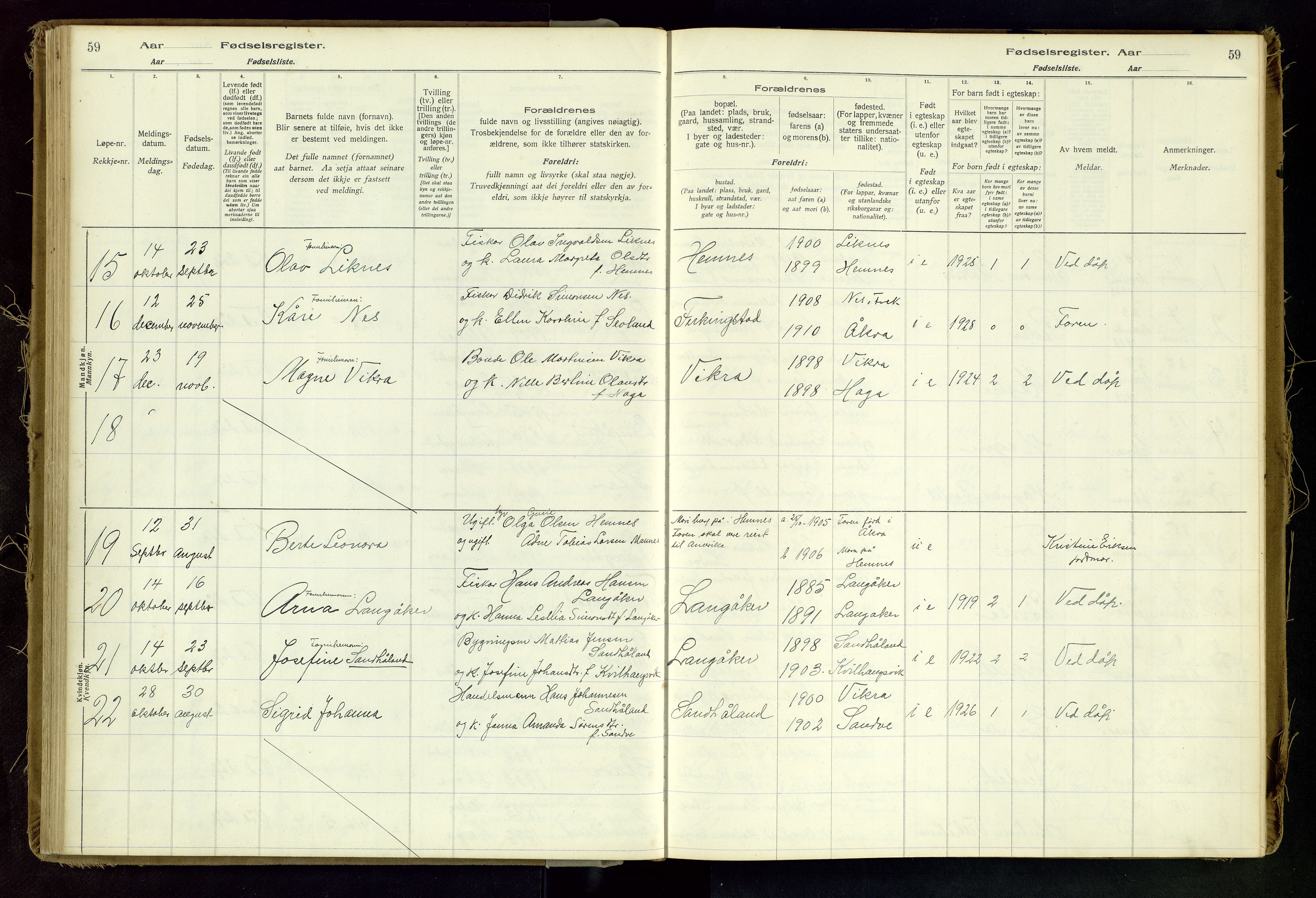 Skudenes sokneprestkontor, SAST/A -101849/I/Id/L0002: Birth register no. 2, 1916-1962, p. 59