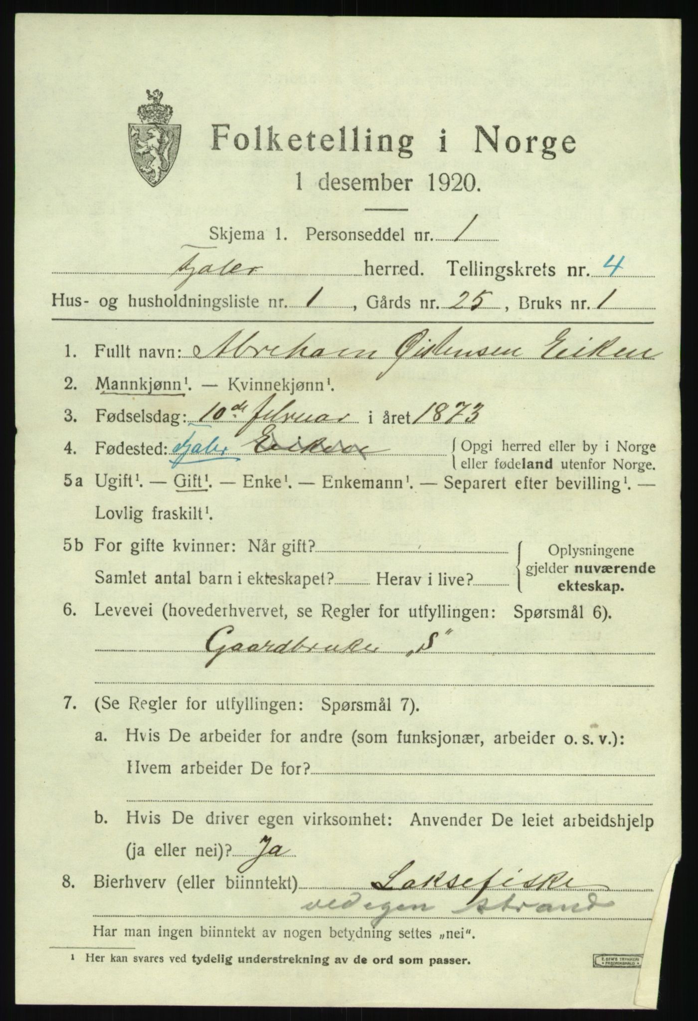 SAB, 1920 census for Fjaler, 1920, p. 3019