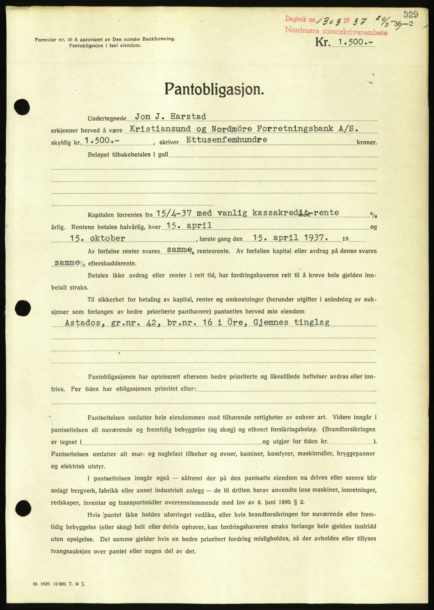 Nordmøre sorenskriveri, AV/SAT-A-4132/1/2/2Ca/L0091: Mortgage book no. B81, 1937-1937, Diary no: : 1303/1937